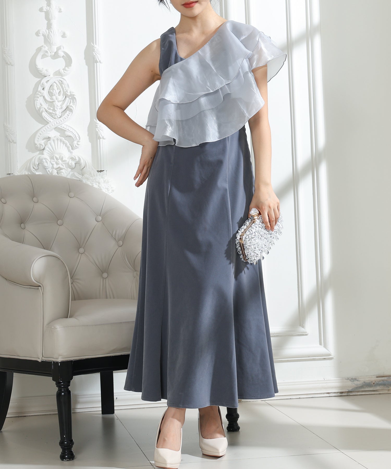 ベロア シアー フリルケープ付き ノースリーブ ドレス 3点セット