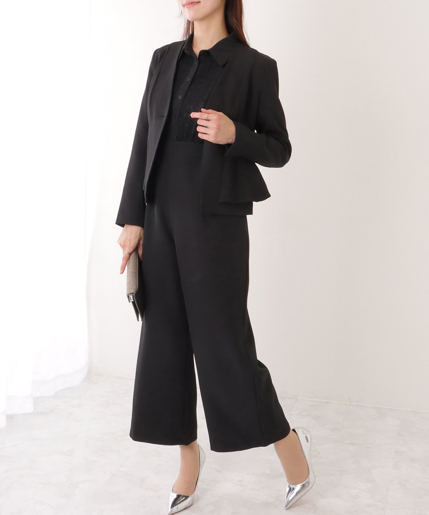 ジャケット付き レース ドッキング ワイド オールインワン