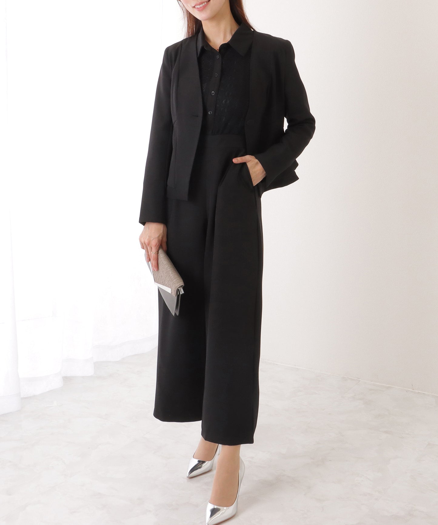 ジャケット付き レース ドッキング ワイド オールインワン