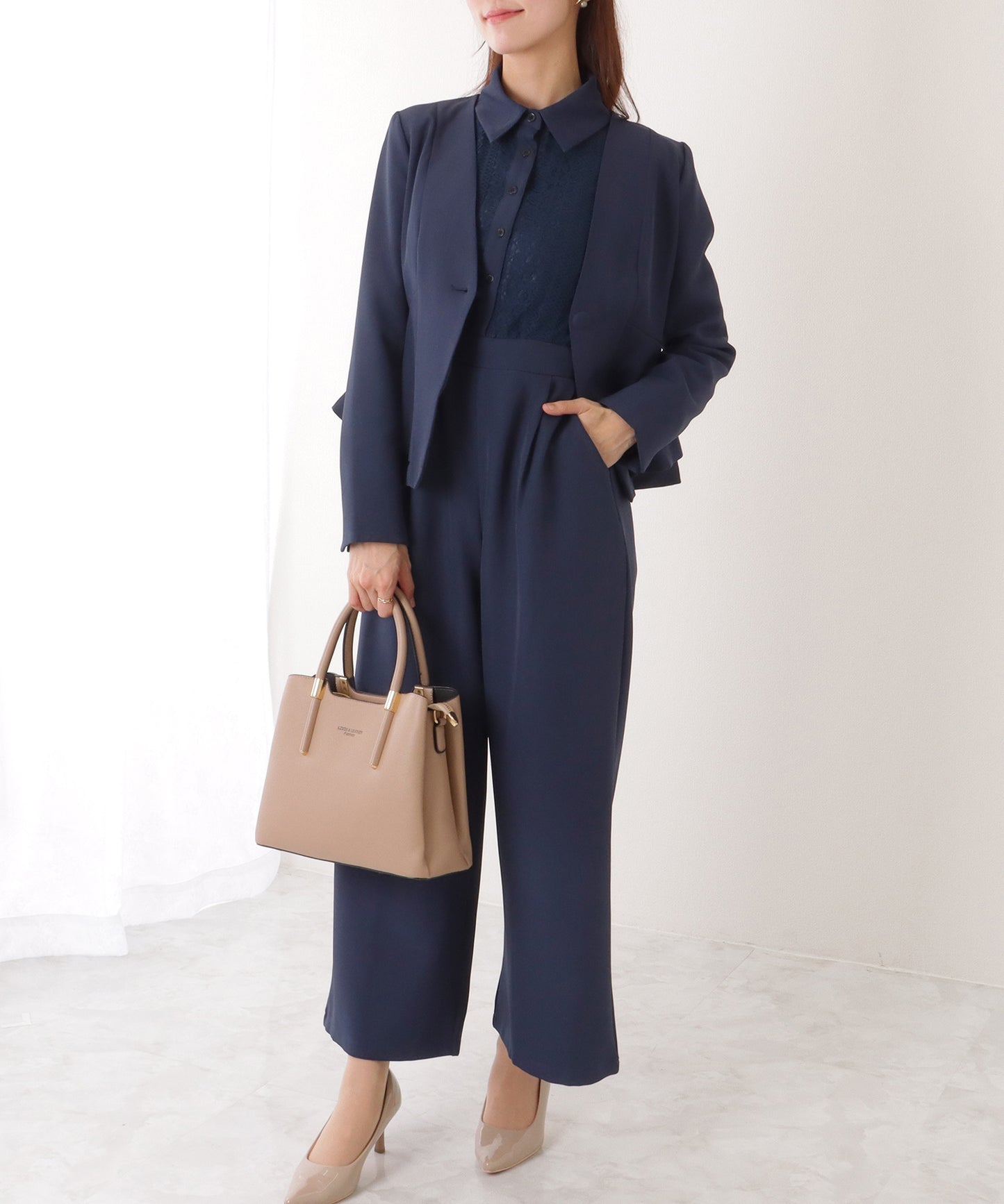 ジャケット付き レース ドッキング ワイド オールインワン