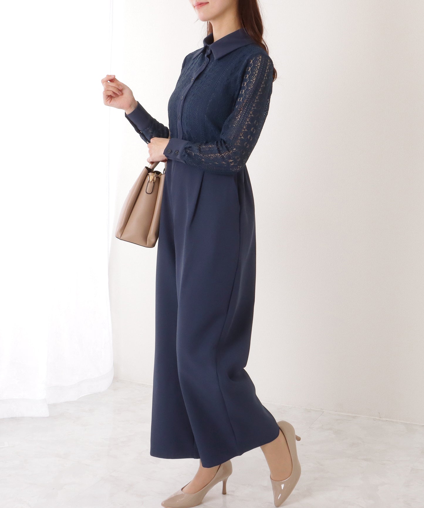 ジャケット付き レース ドッキング ワイド オールインワン