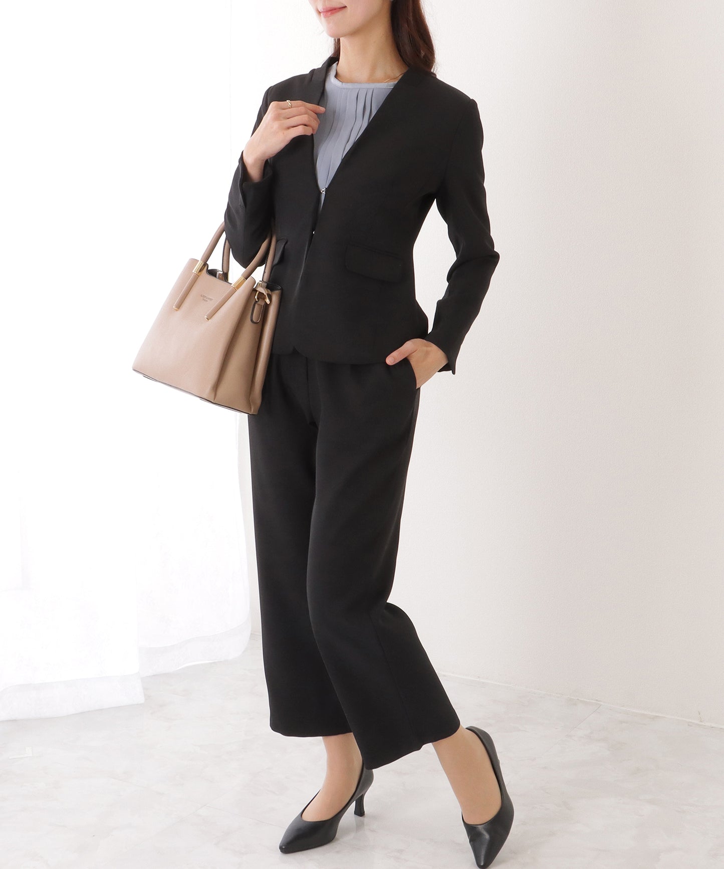 ノーカラー タック パンツ スーツ セットアップ