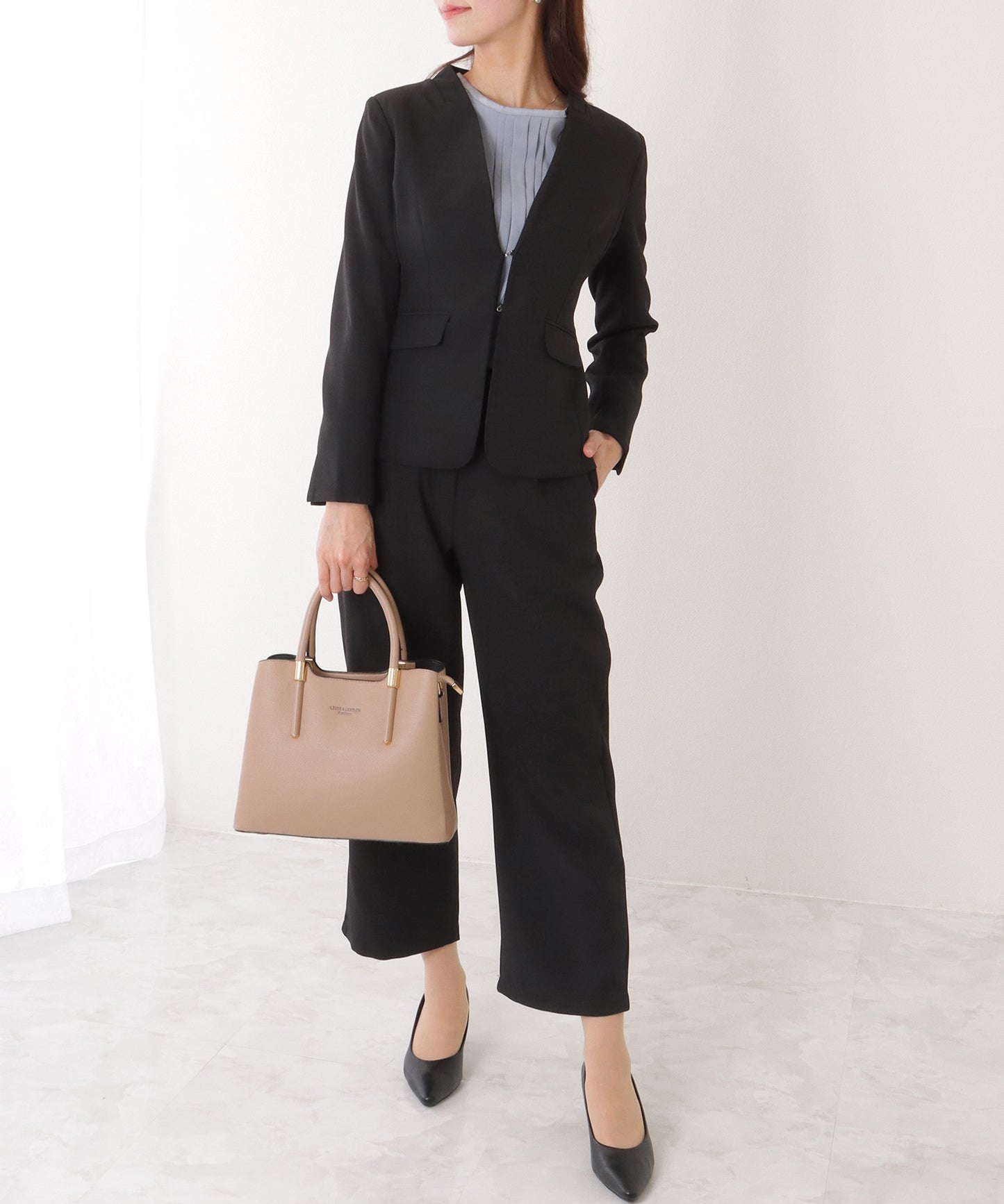 ノーカラー タック パンツ スーツ セットアップ