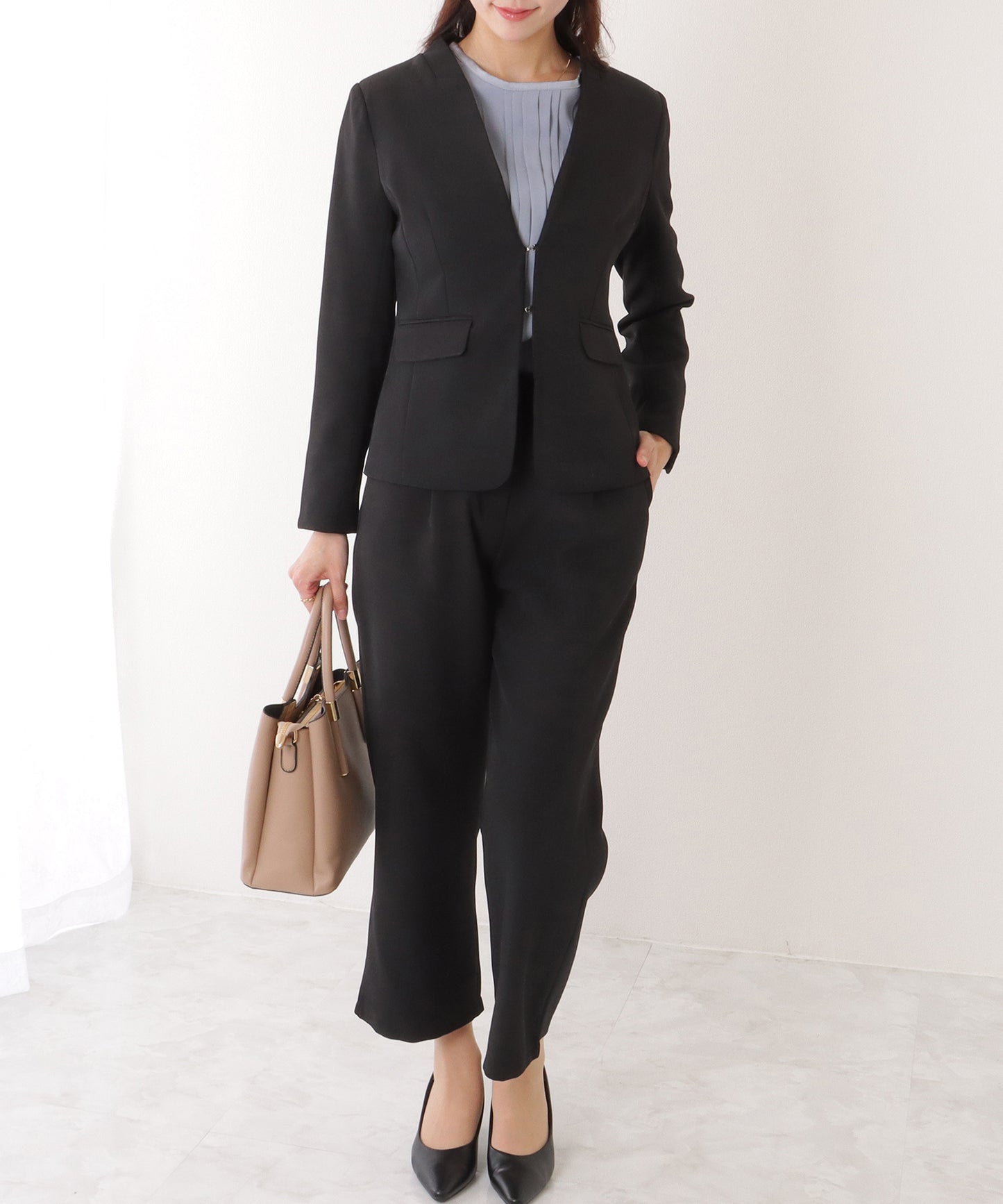 ノーカラー タック パンツ スーツ セットアップ