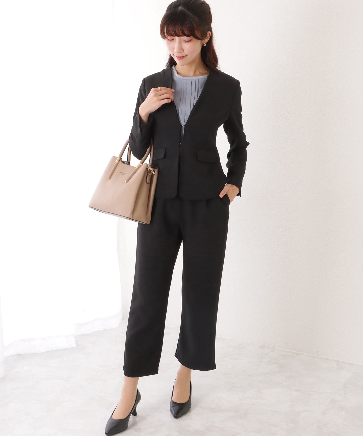 ノーカラー タック パンツ スーツ セットアップ