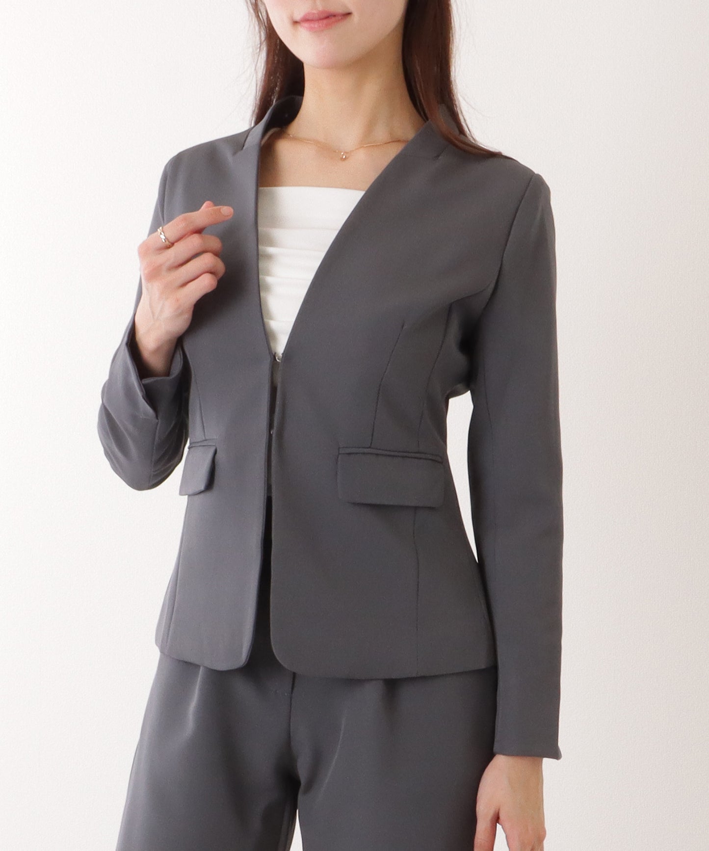 ノーカラー タック パンツ スーツ セットアップ