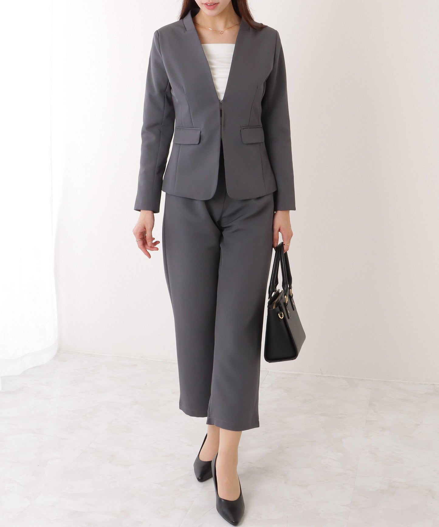 ノーカラー タック パンツ スーツ セットアップ