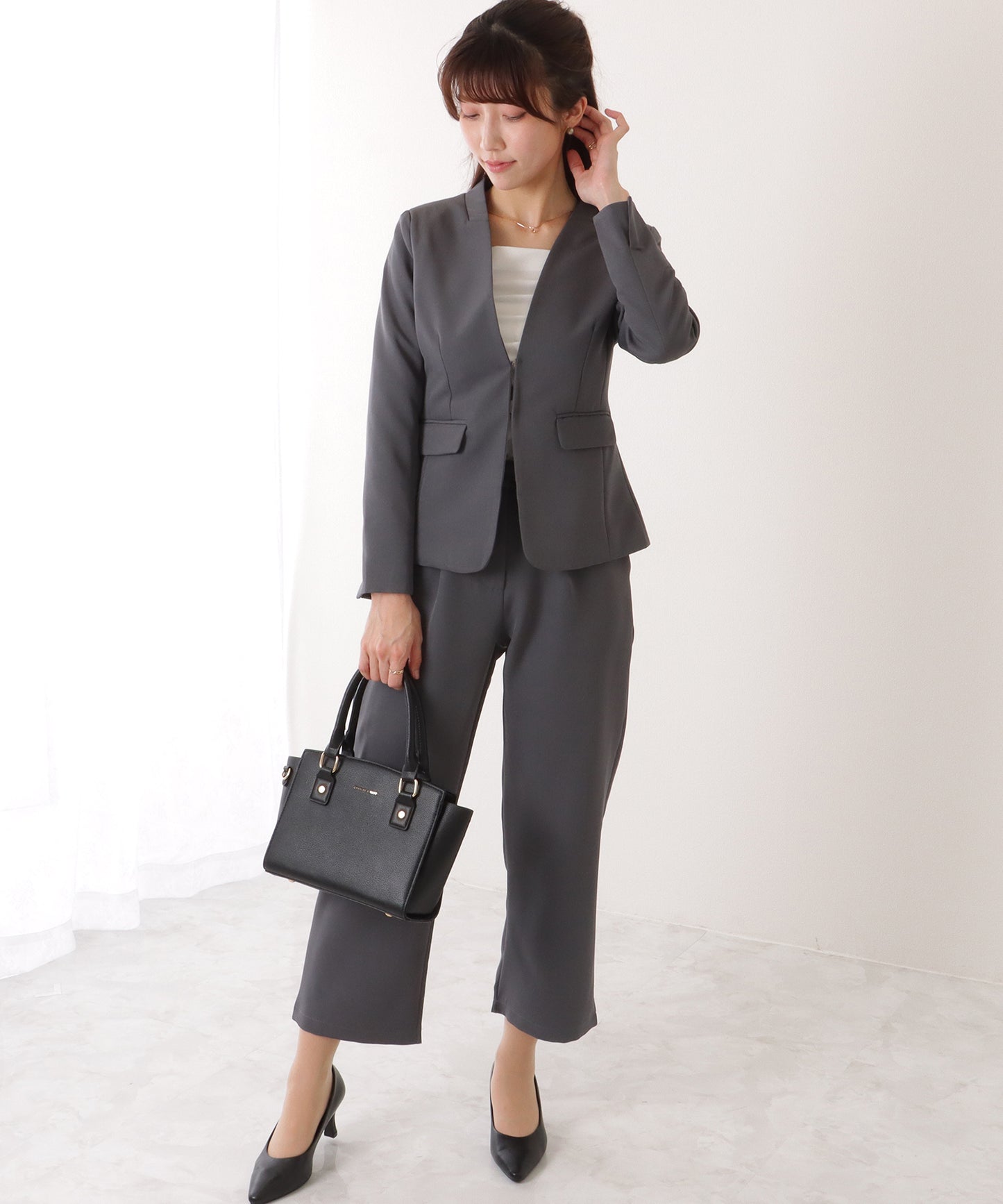 ノーカラー タック パンツ スーツ セットアップ