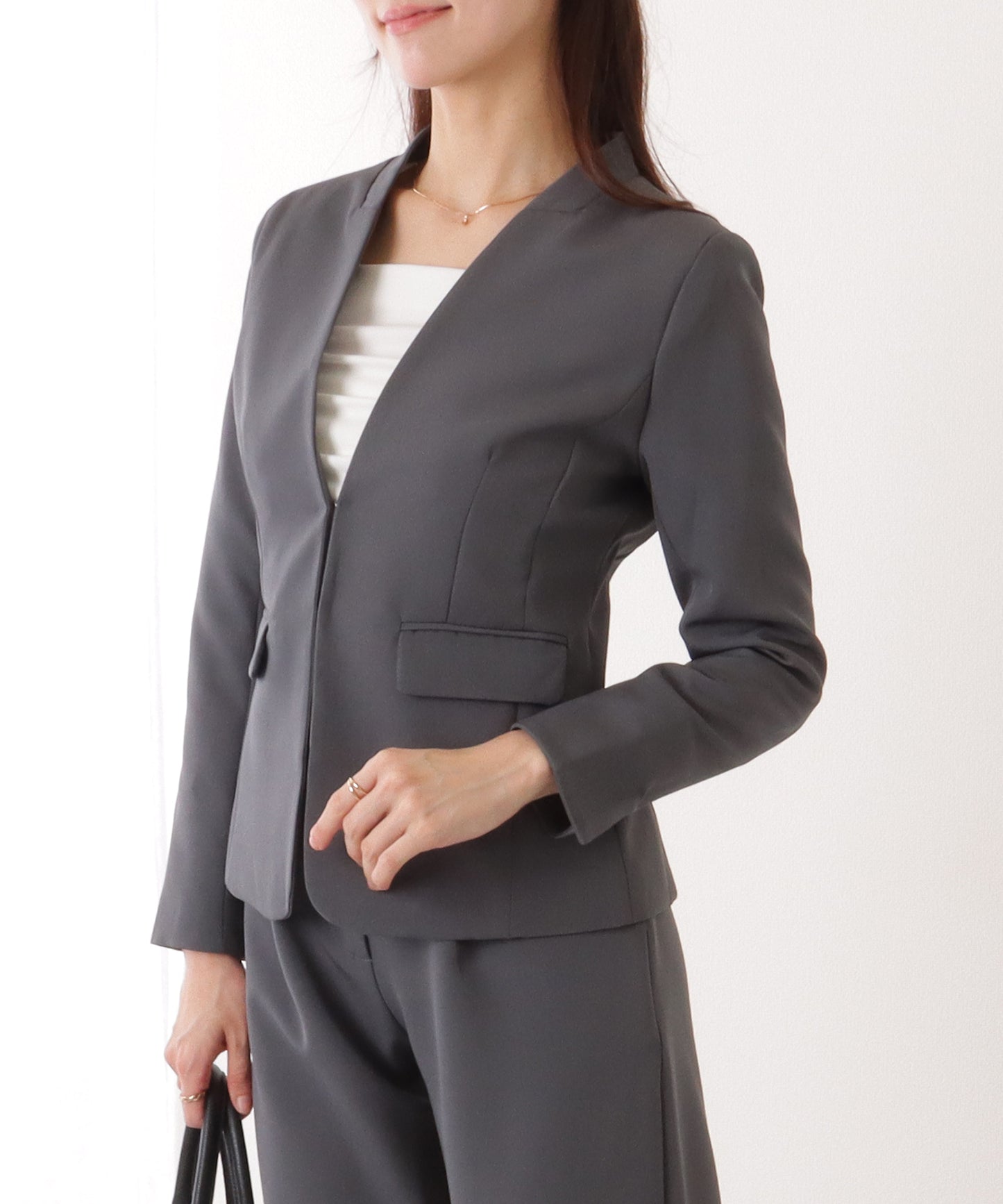 ノーカラー タック パンツ スーツ セットアップ