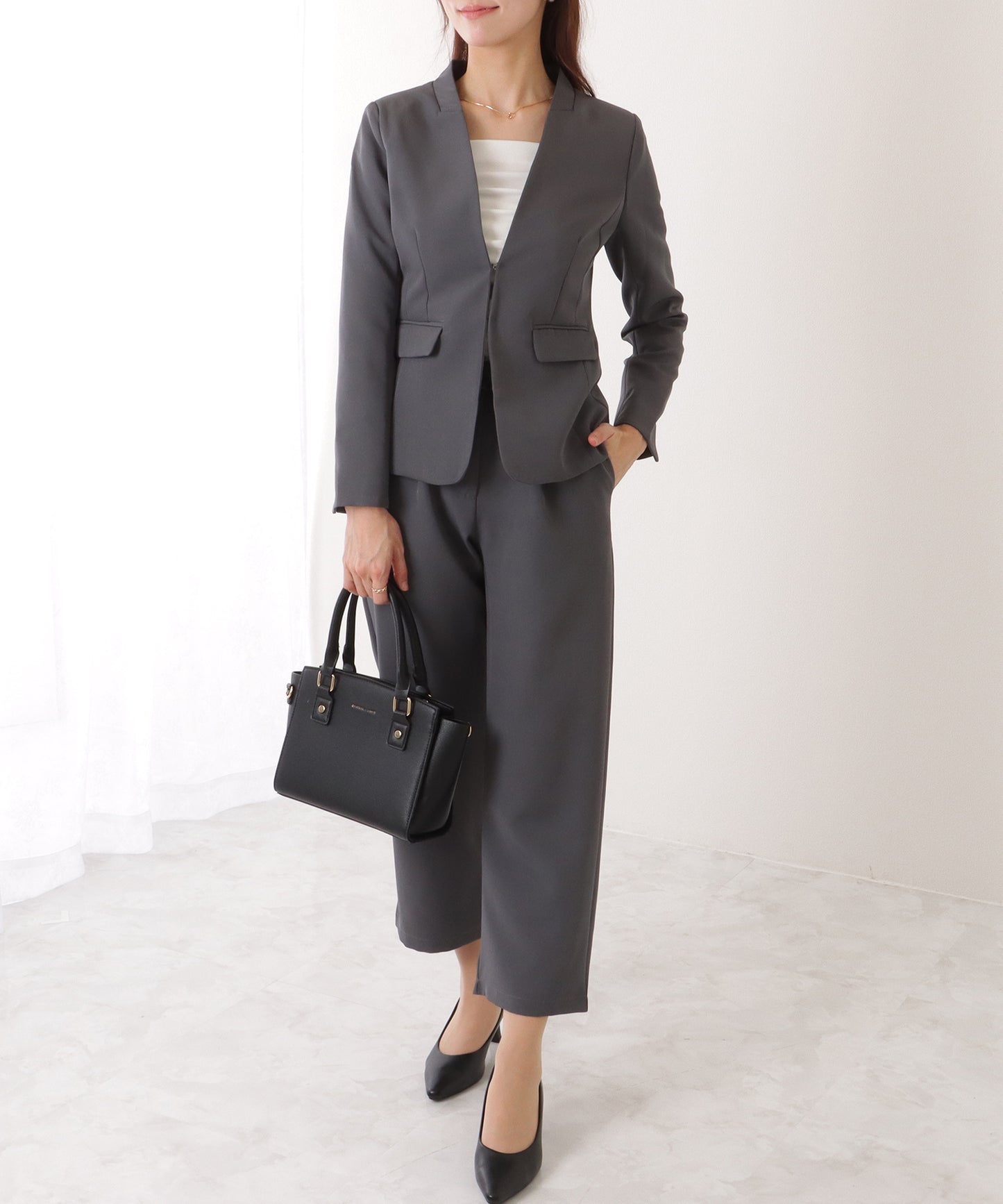 ノーカラー タック パンツ スーツ セットアップ