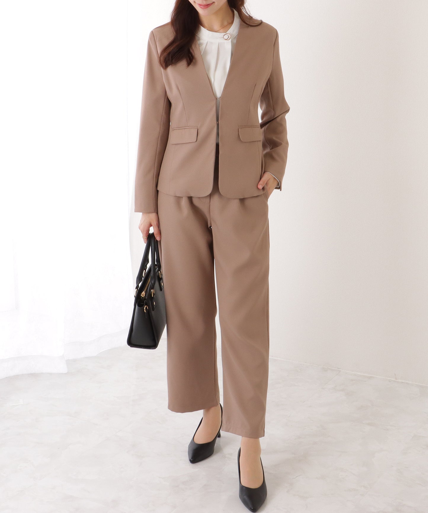 ノーカラー タック パンツ スーツ セットアップ