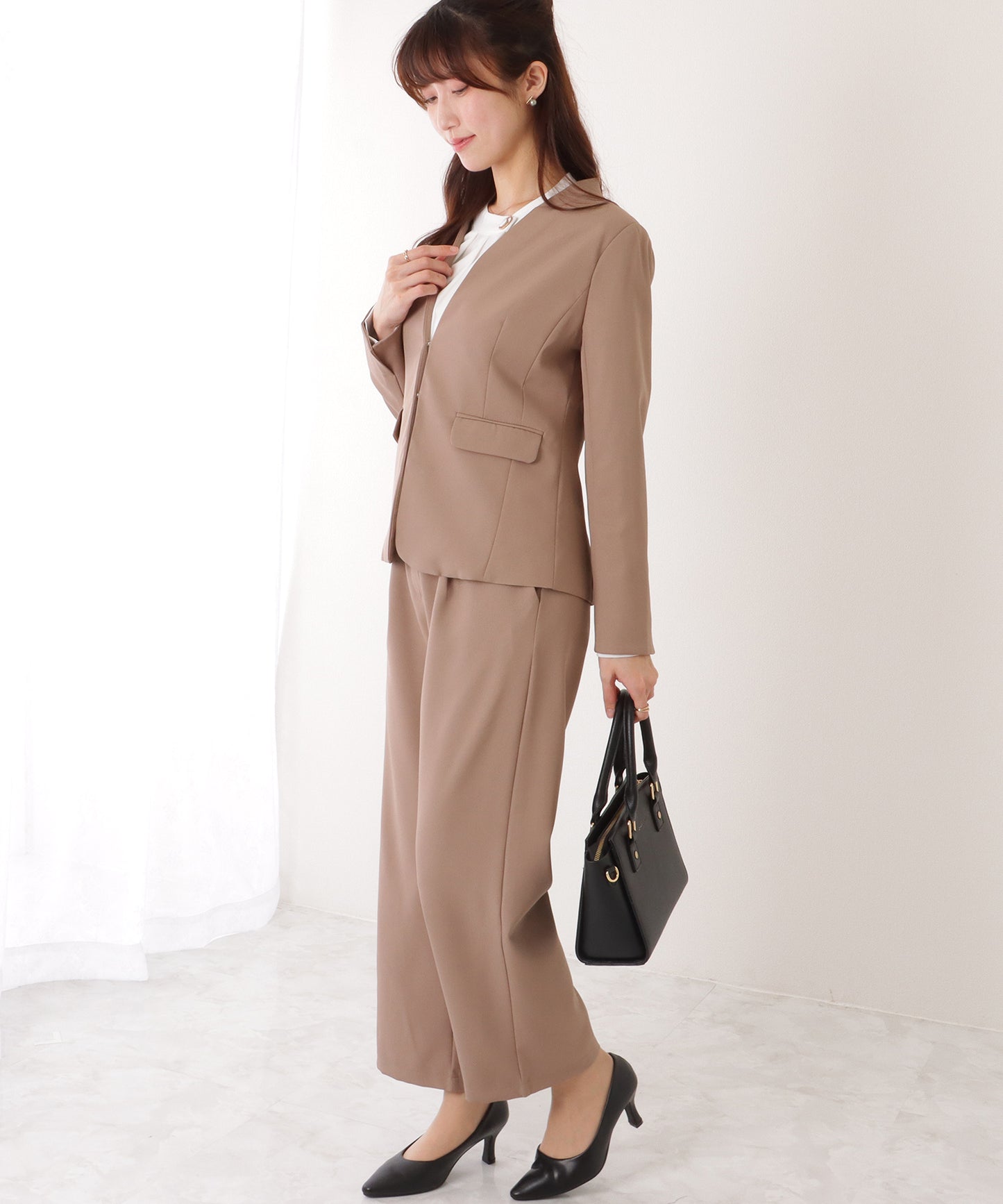 ノーカラー タック パンツ スーツ セットアップ