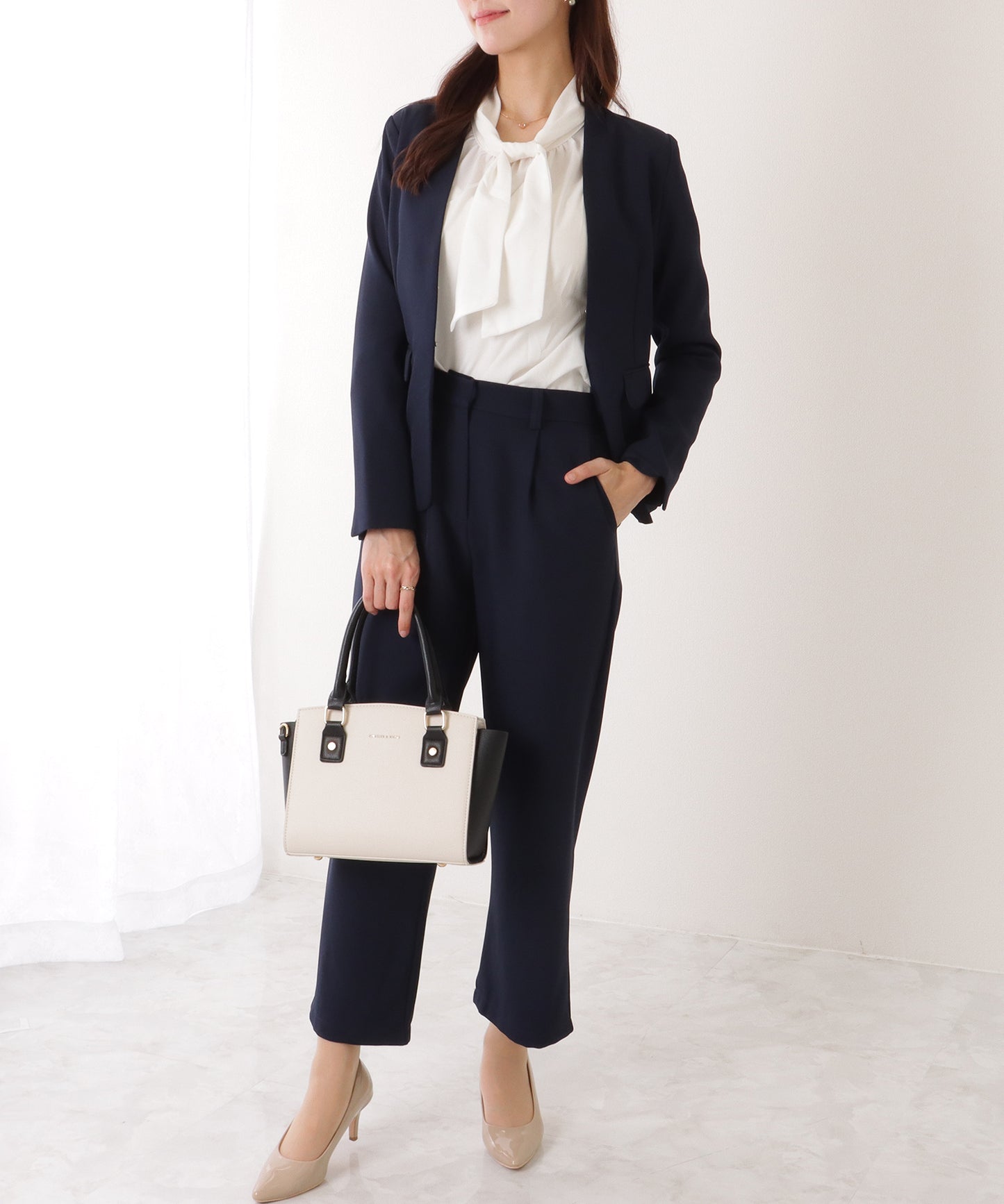 ノーカラー タック パンツ スーツ セットアップ