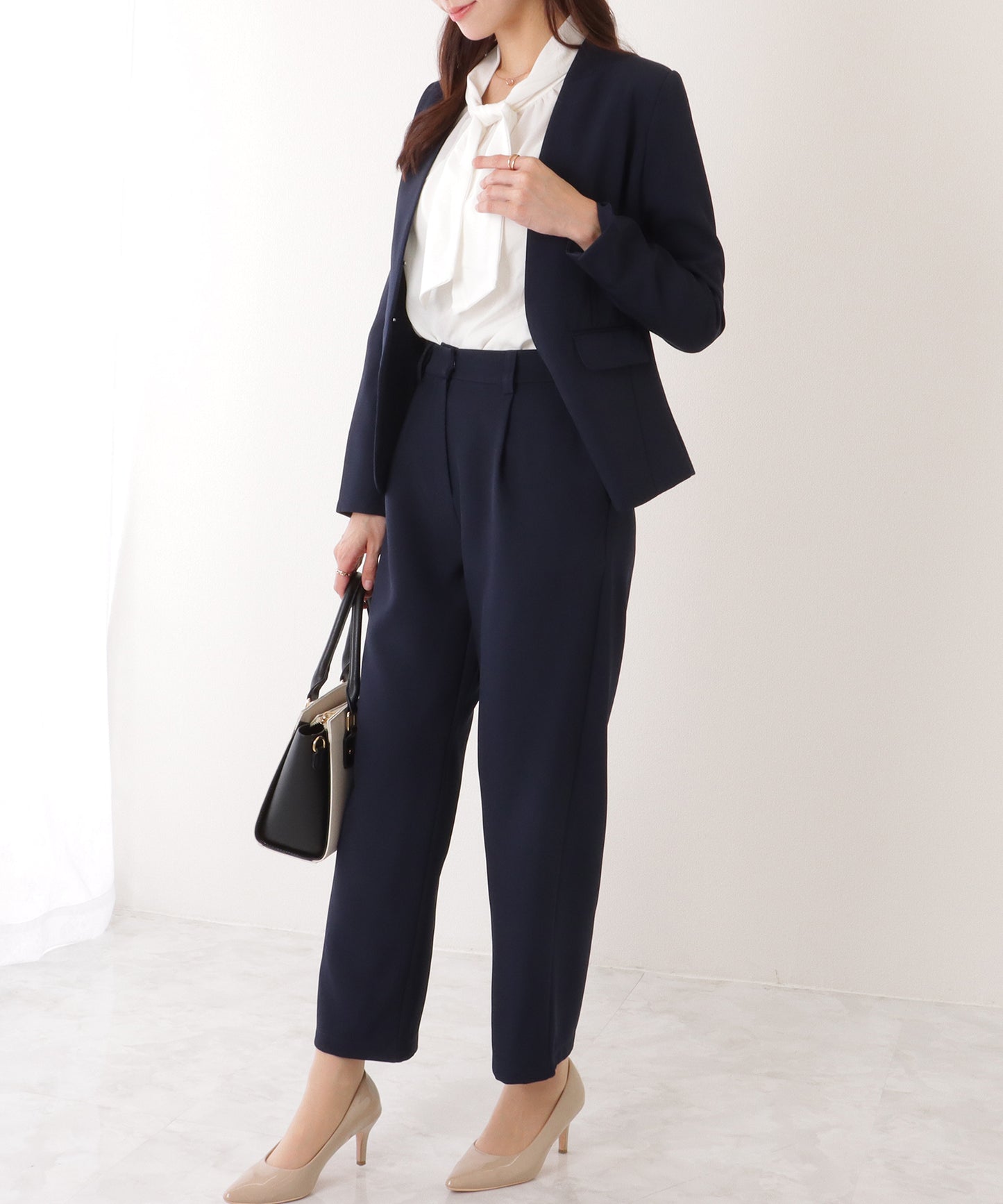ノーカラー タック パンツ スーツ セットアップ