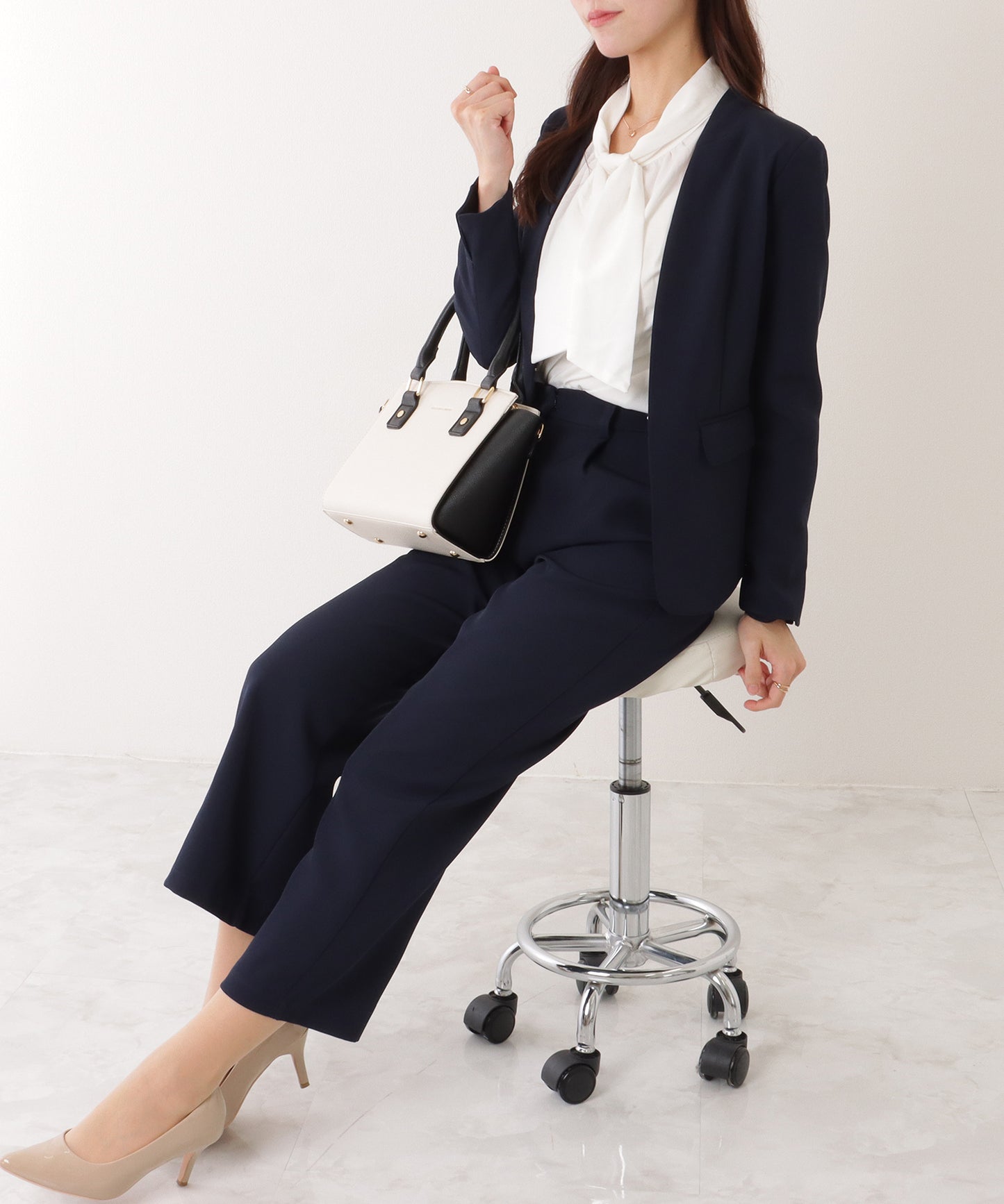 ノーカラー タック パンツ スーツ セットアップ