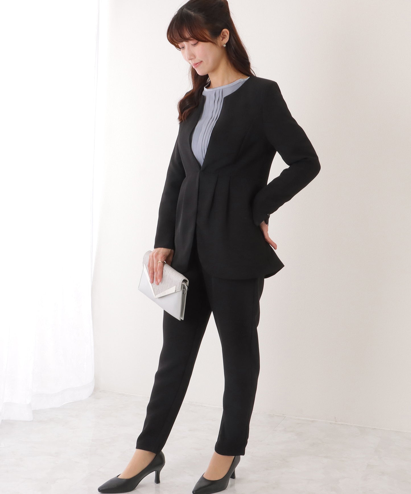 フロントホック ペプラム パンツ スーツ セットアップ