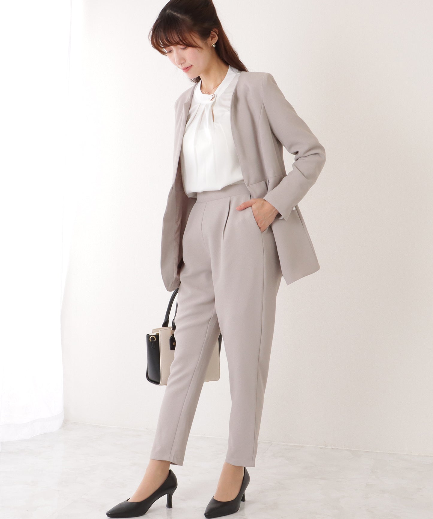 フロントホック ペプラム パンツ スーツ セットアップ