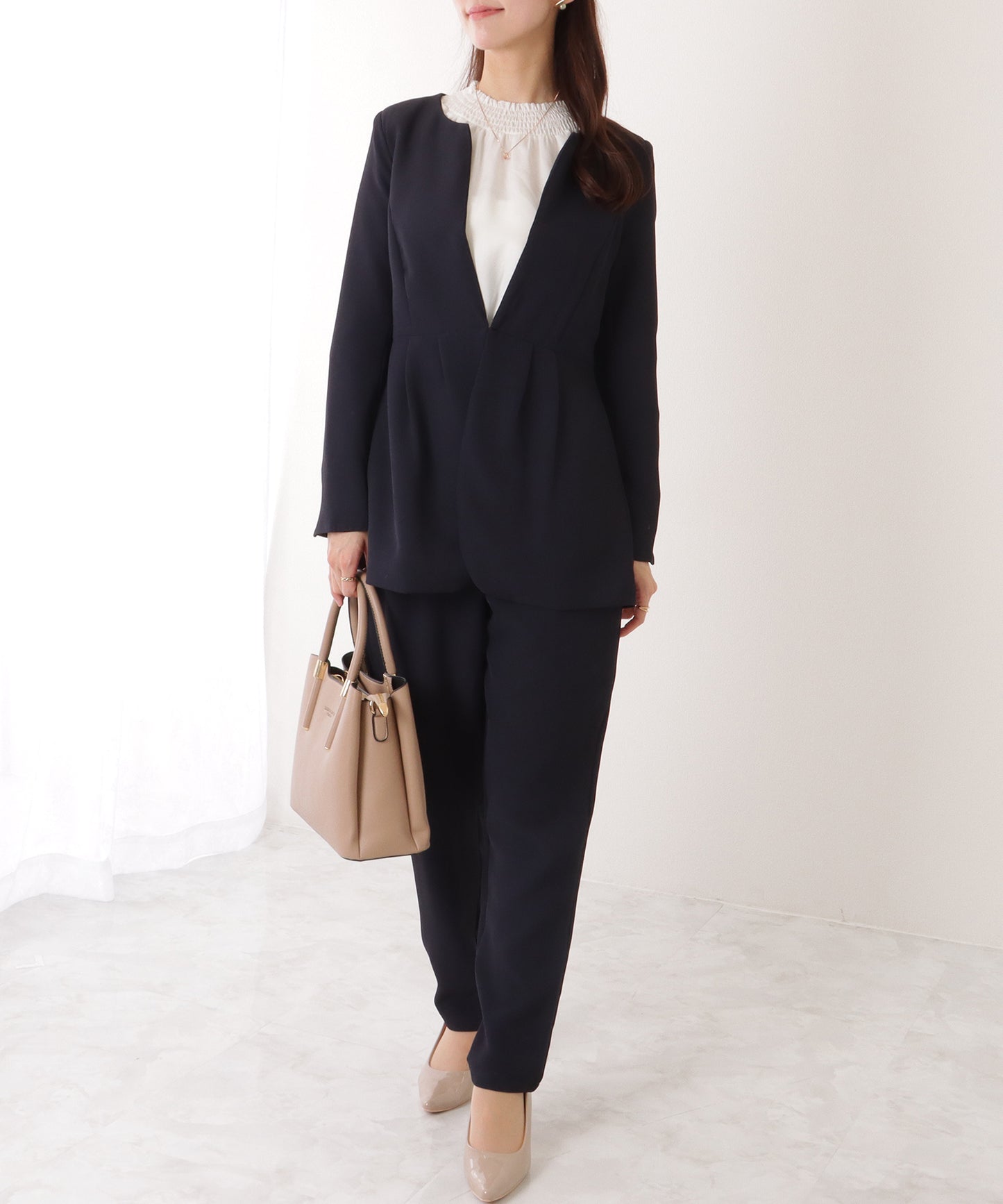 フロントホック ペプラム パンツ スーツ セットアップ