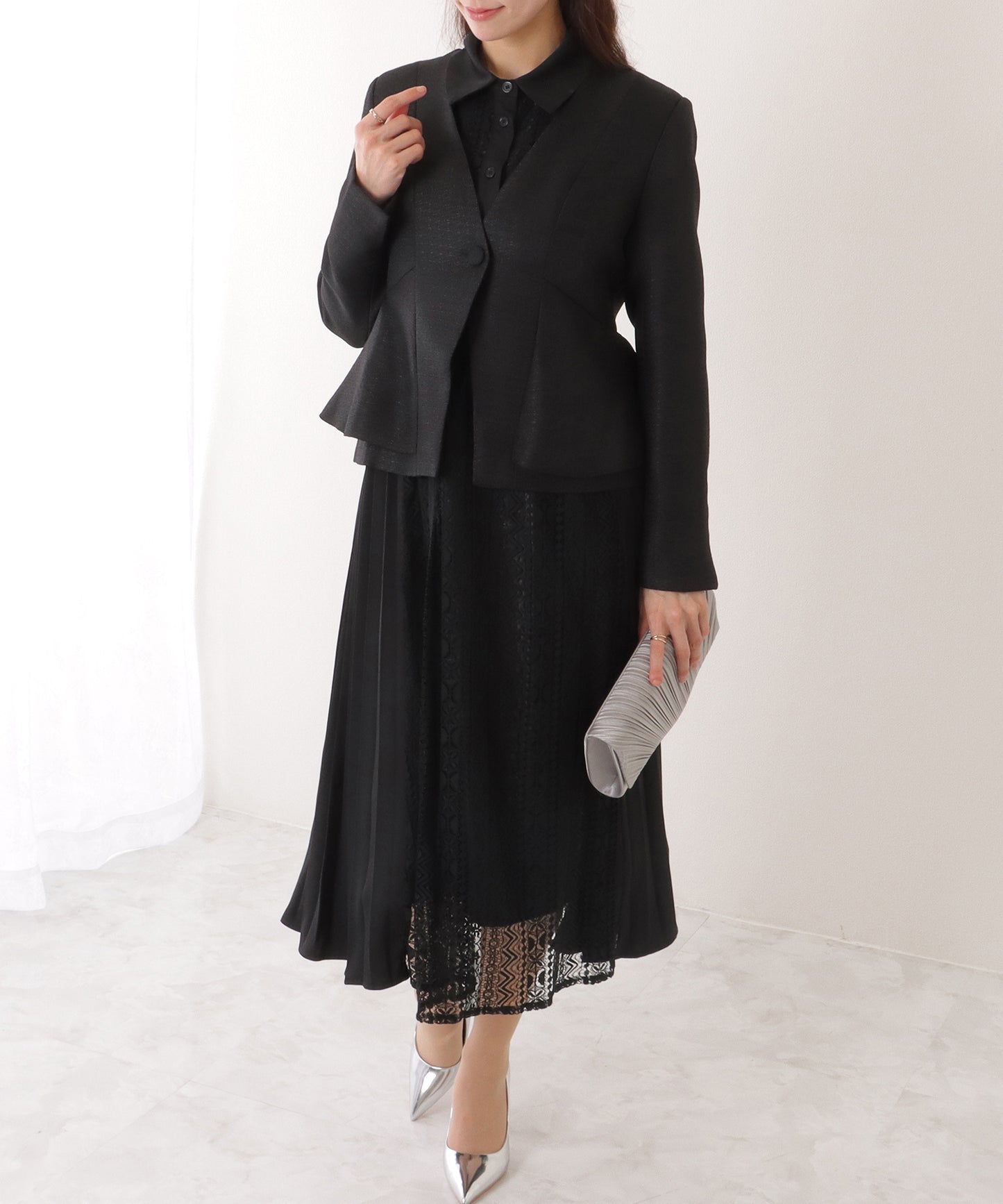 ノーカラー ジャケット付き レース シャツ ワンピース