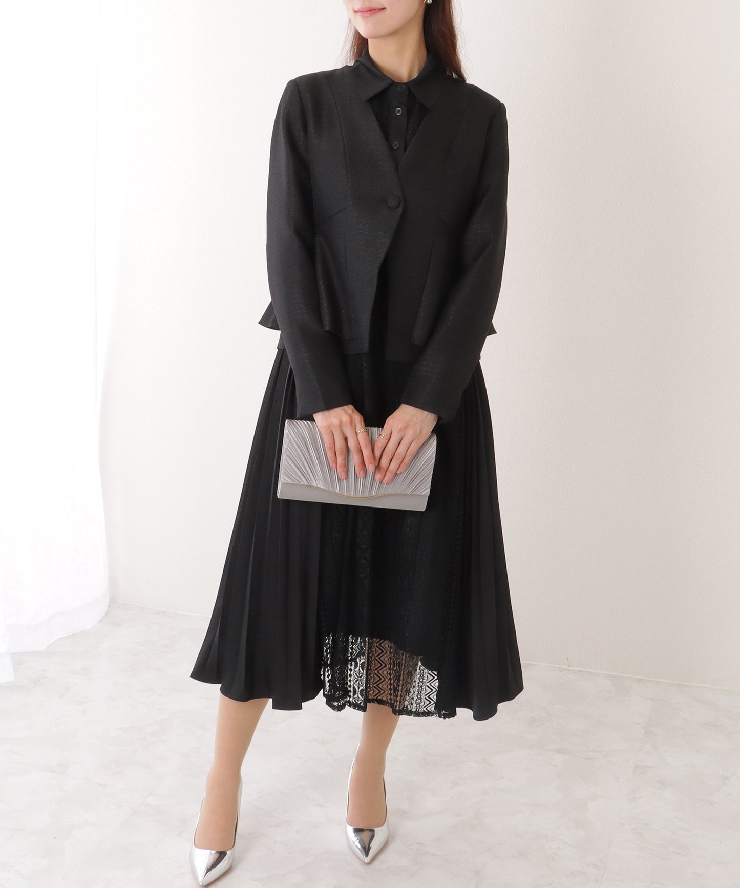 ノーカラー ジャケット付き レース シャツ ワンピース