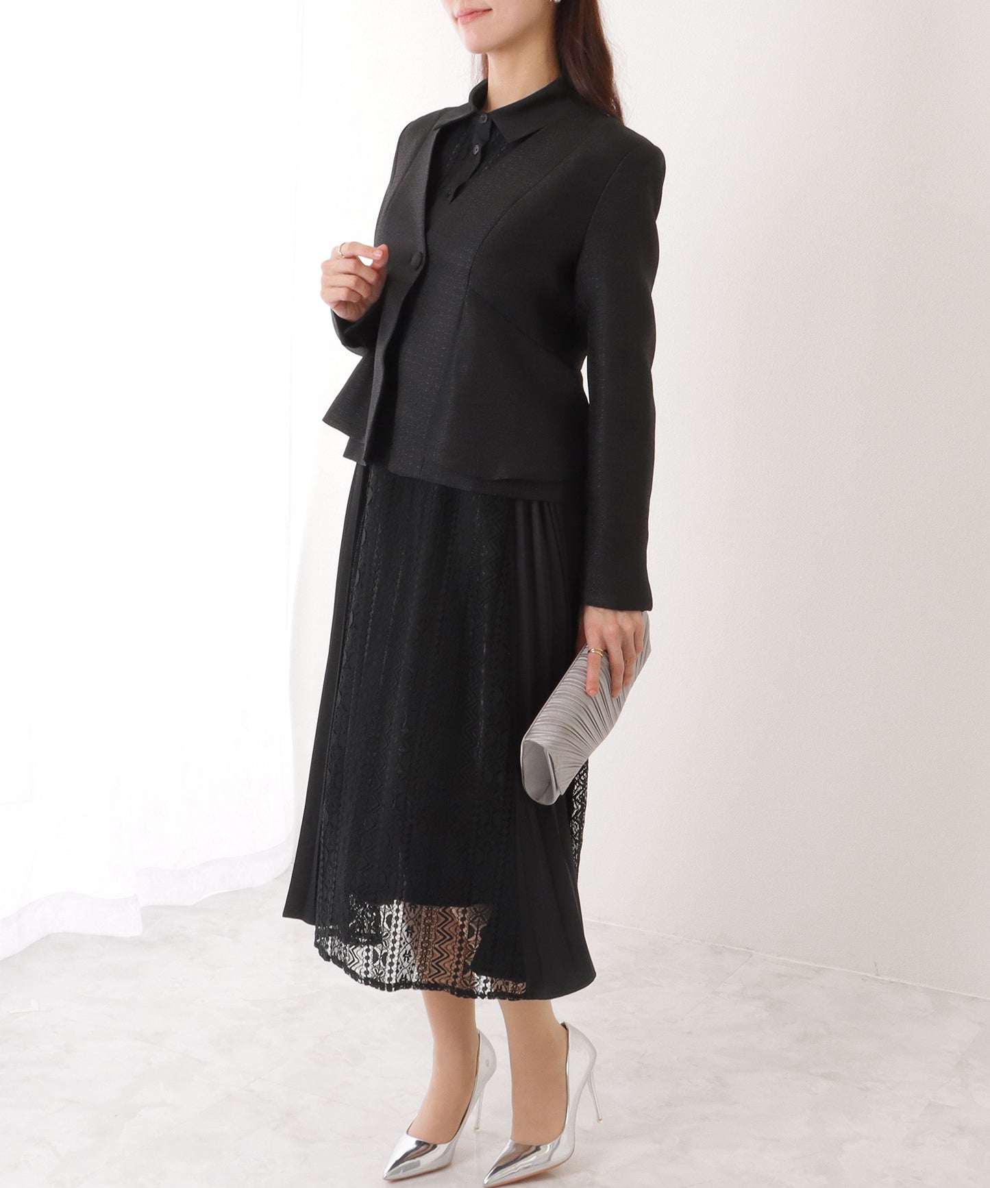 ノーカラー ジャケット付き レース シャツ ワンピース