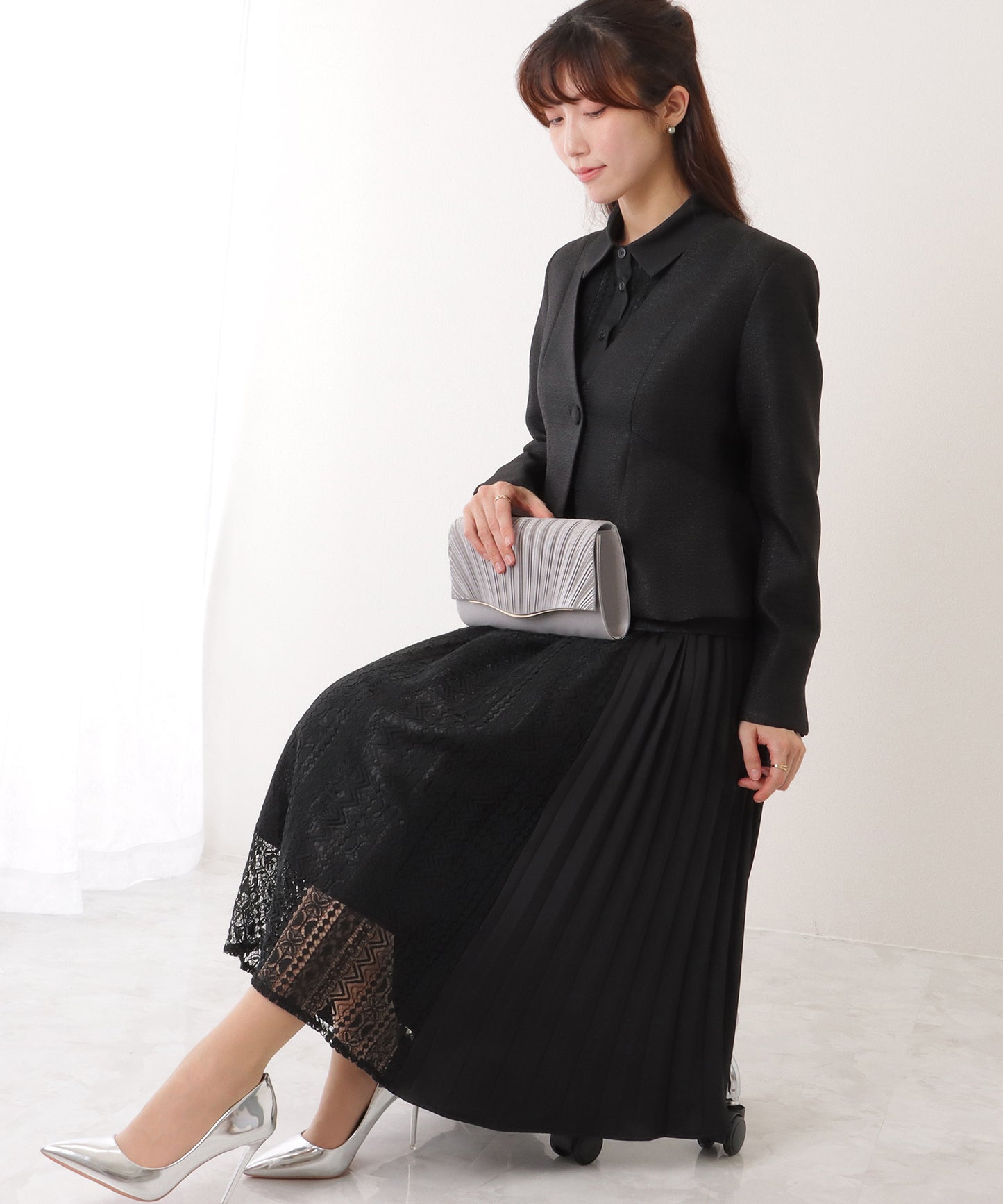 ノーカラー ジャケット付き レース シャツ ワンピース