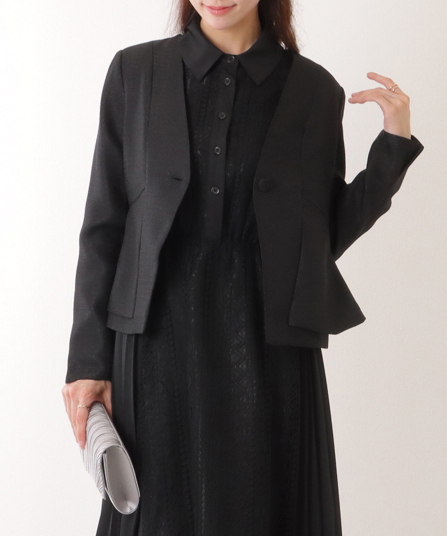 ノーカラー ジャケット付き レース シャツ ワンピース