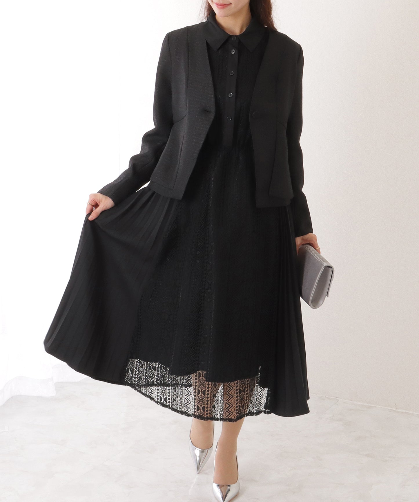 ノーカラー ジャケット付き レース シャツ ワンピース