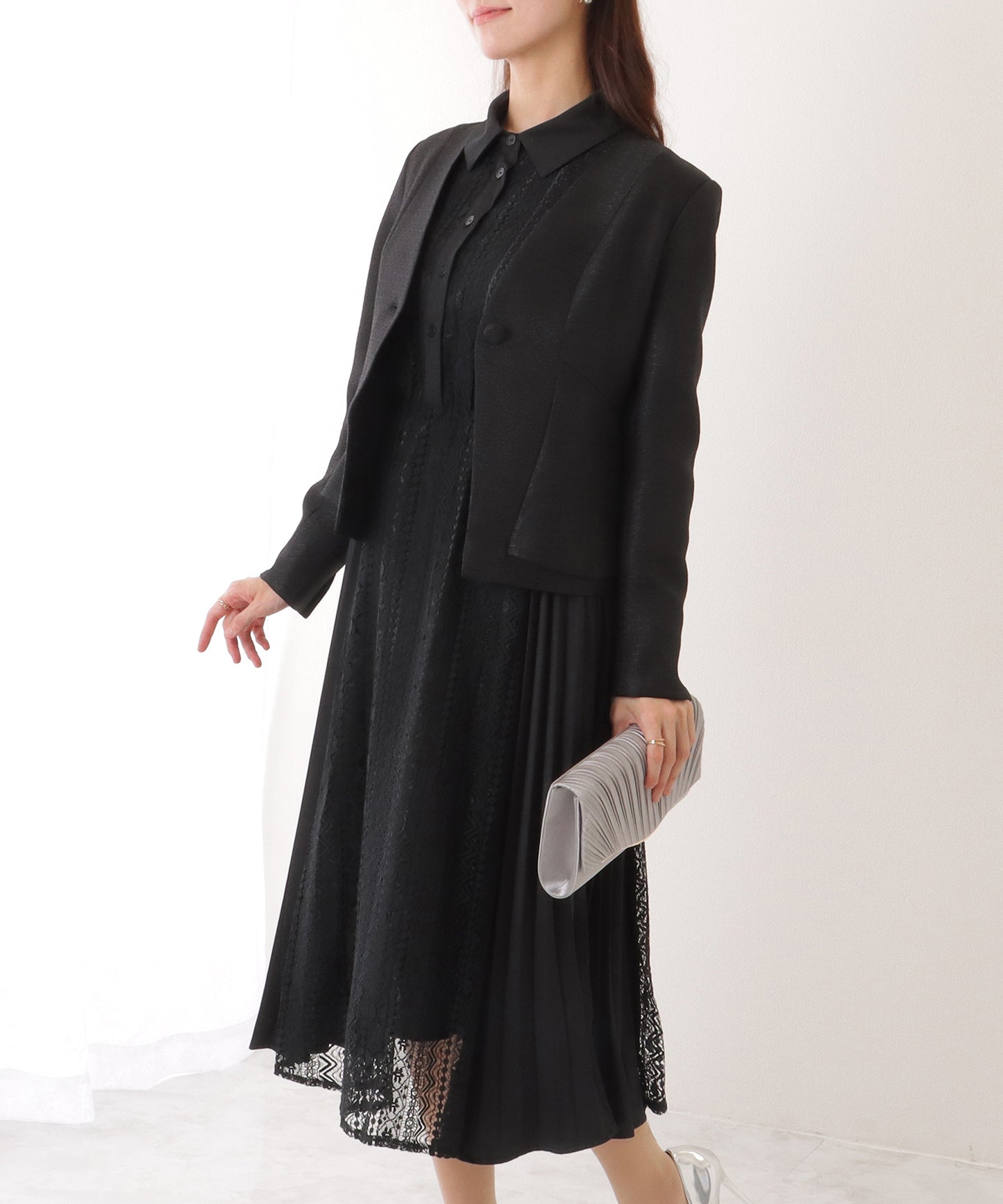 ノーカラー ジャケット付き レース シャツ ワンピース