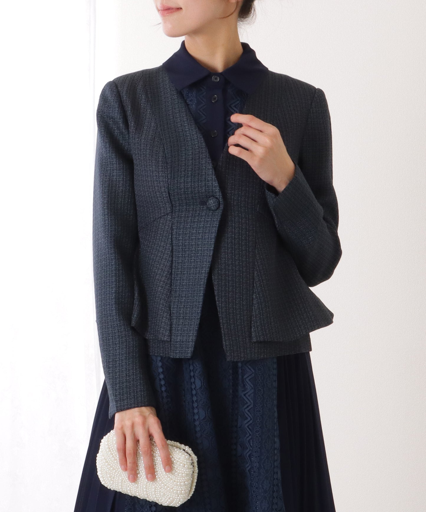 ノーカラー ジャケット付き レース シャツ ワンピース