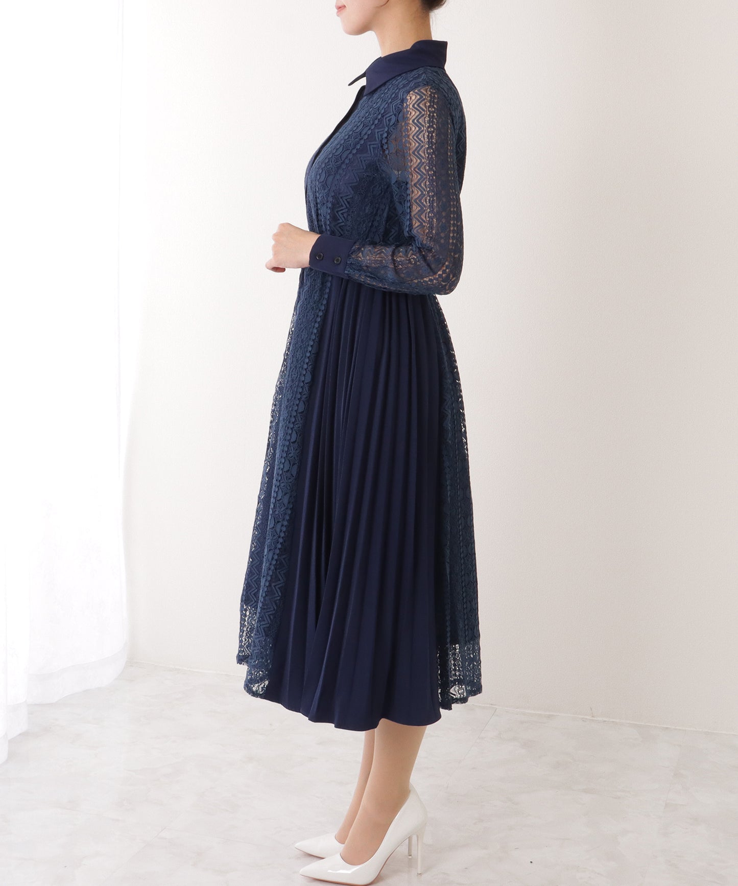 ノーカラー ジャケット付き レース シャツ ワンピース