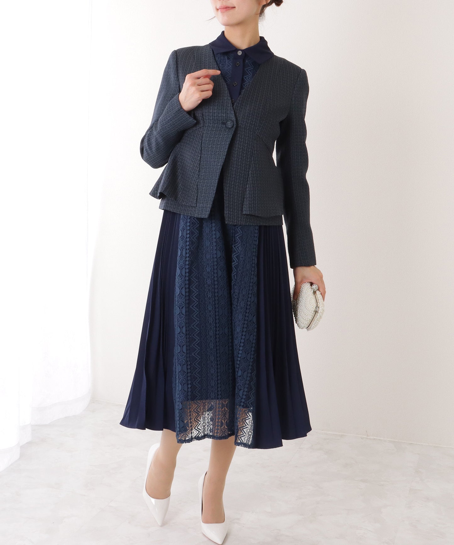 ノーカラー ジャケット付き レース シャツ ワンピース