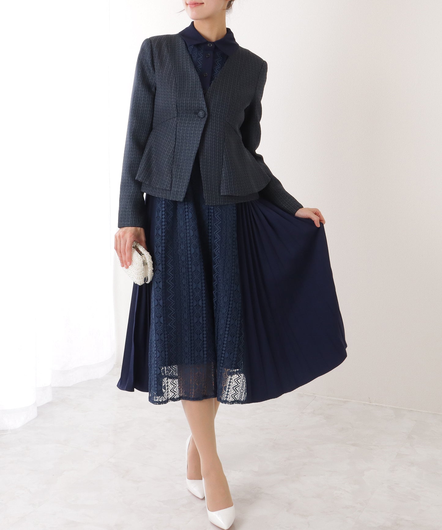 ノーカラー ジャケット付き レース シャツ ワンピース