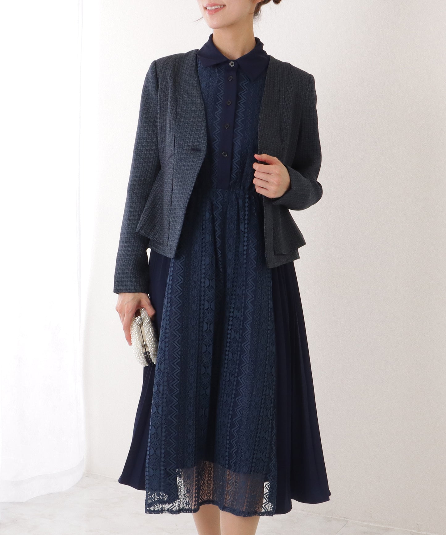 ノーカラー ジャケット付き レース シャツ ワンピース