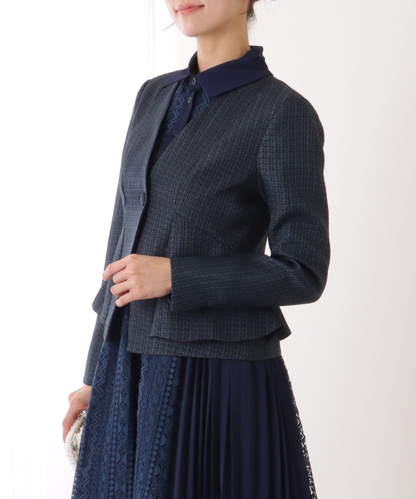 ノーカラー ジャケット付き レース シャツ ワンピース