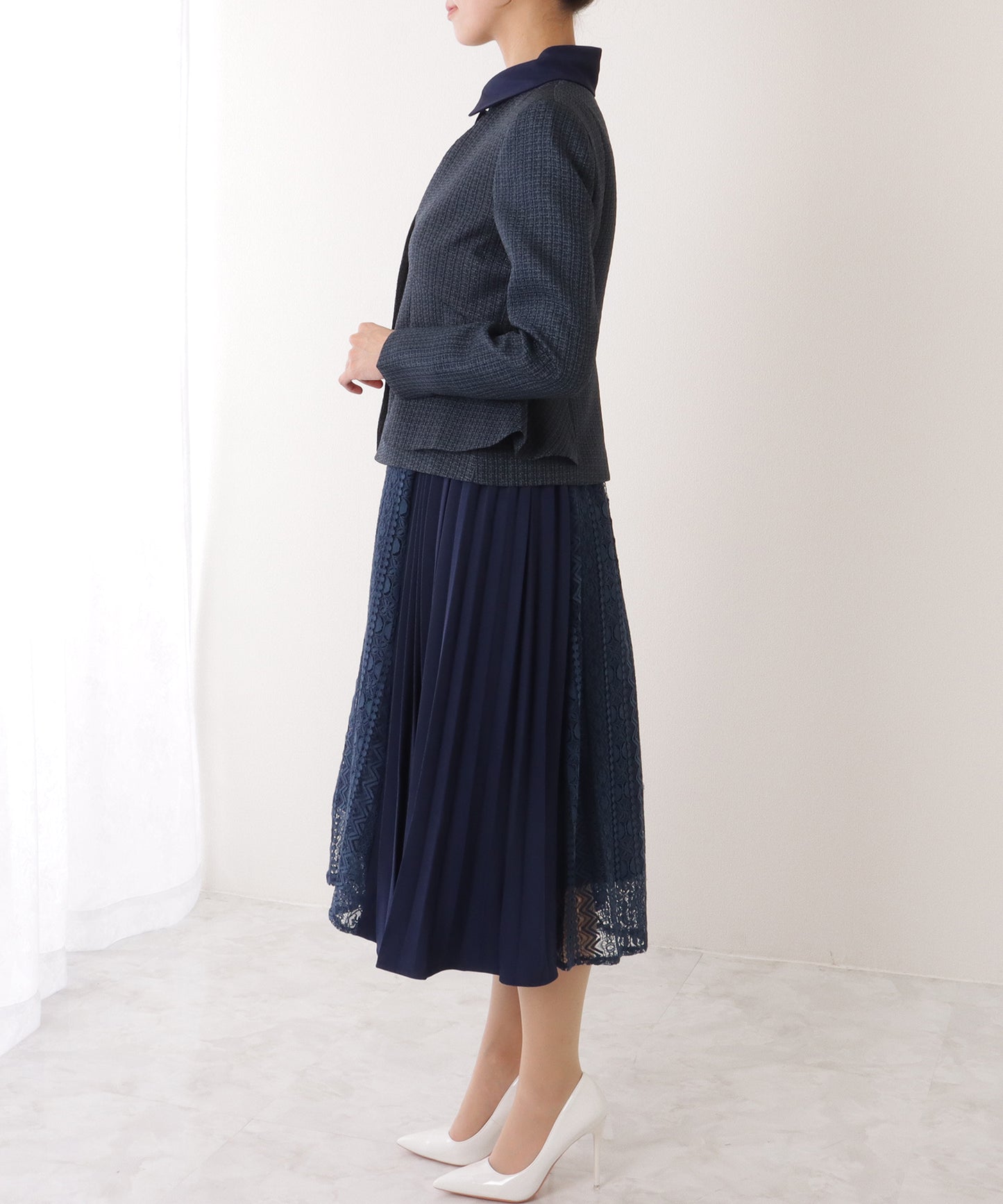 ノーカラー ジャケット付き レース シャツ ワンピース