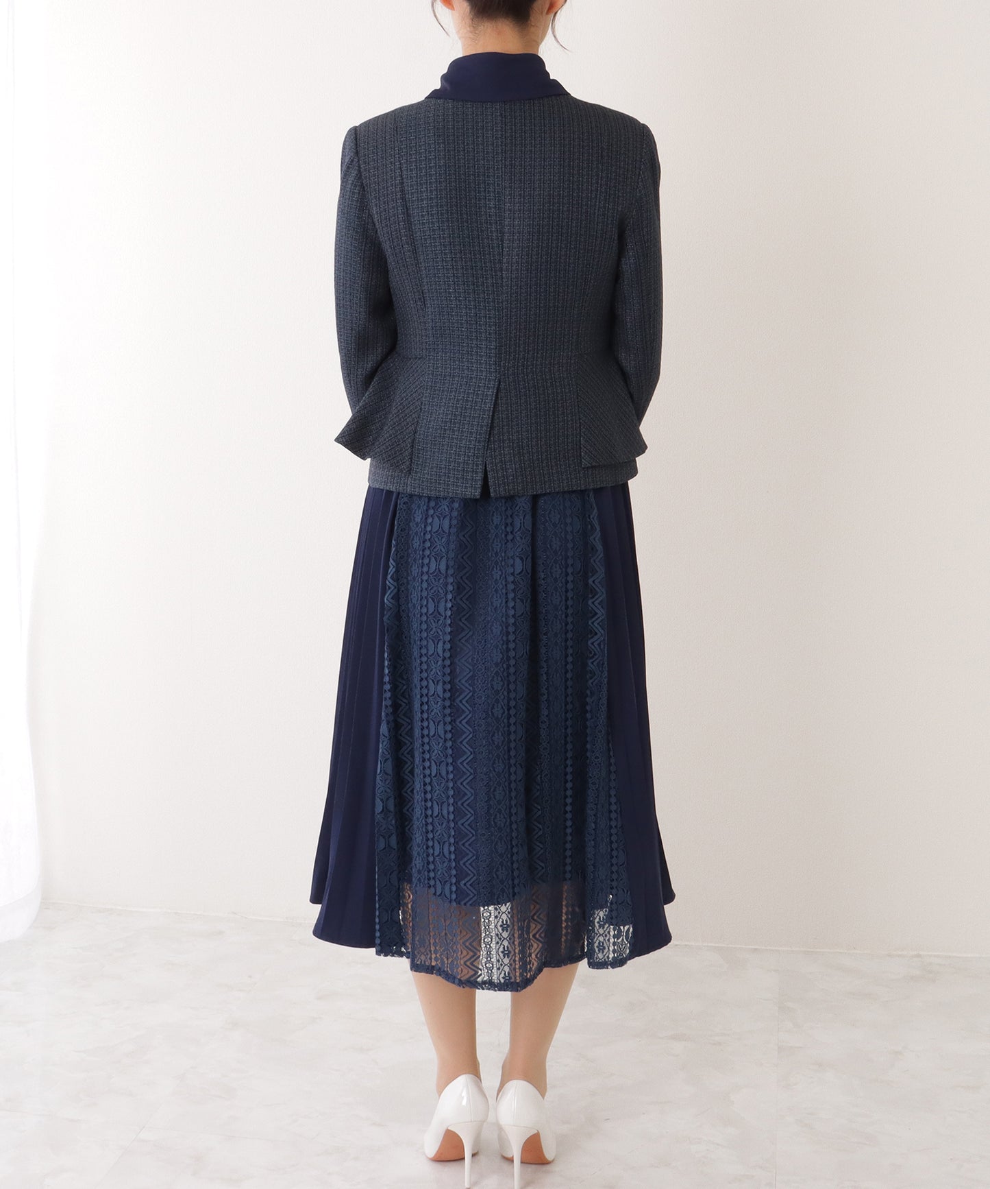 ノーカラー ジャケット付き レース シャツ ワンピース