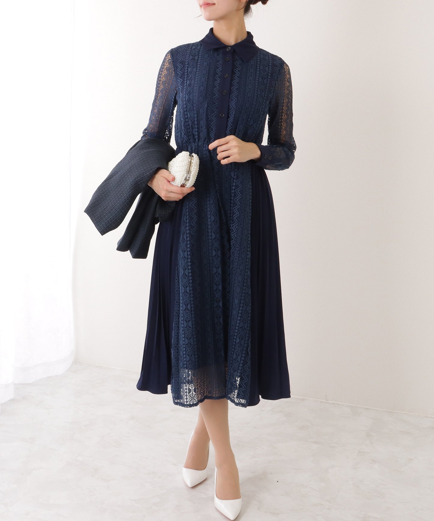 ノーカラー ジャケット付き レース シャツ ワンピース