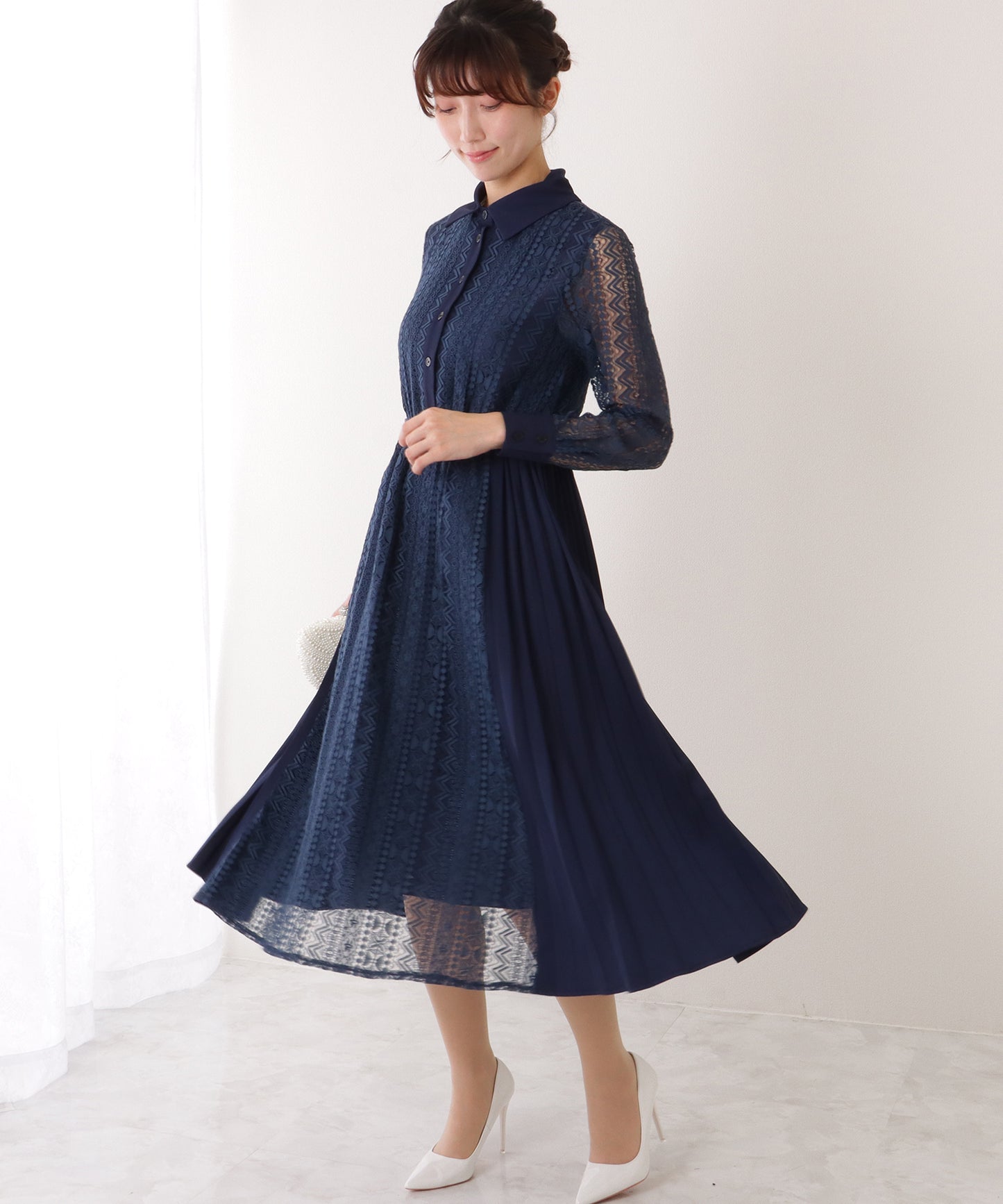 ノーカラー ジャケット付き レース シャツ ワンピース