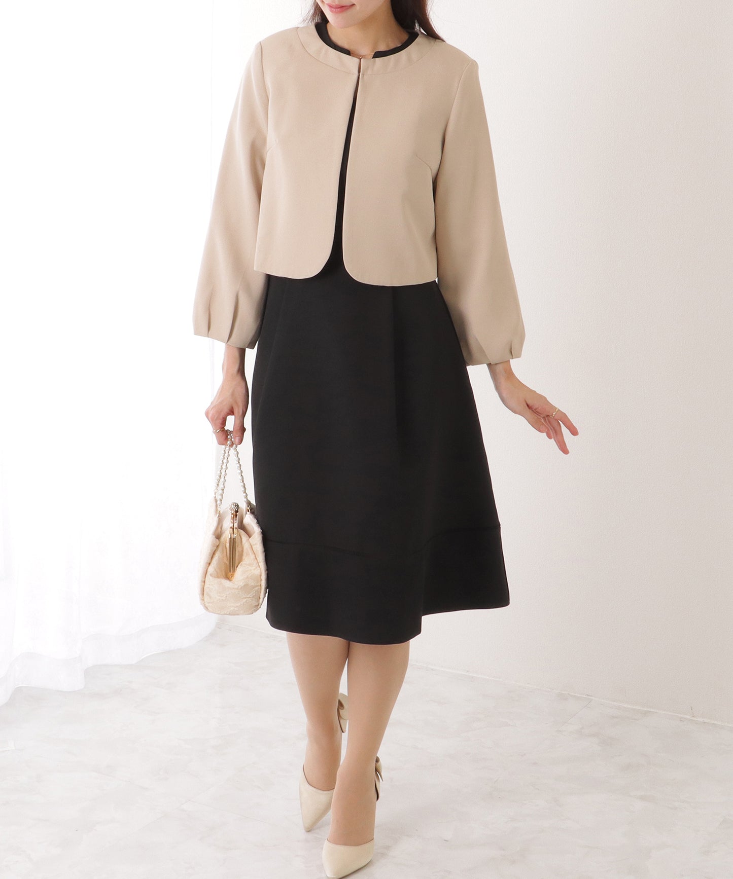 ノーカラー ジャケット付き キーネック Aライン ワンピース