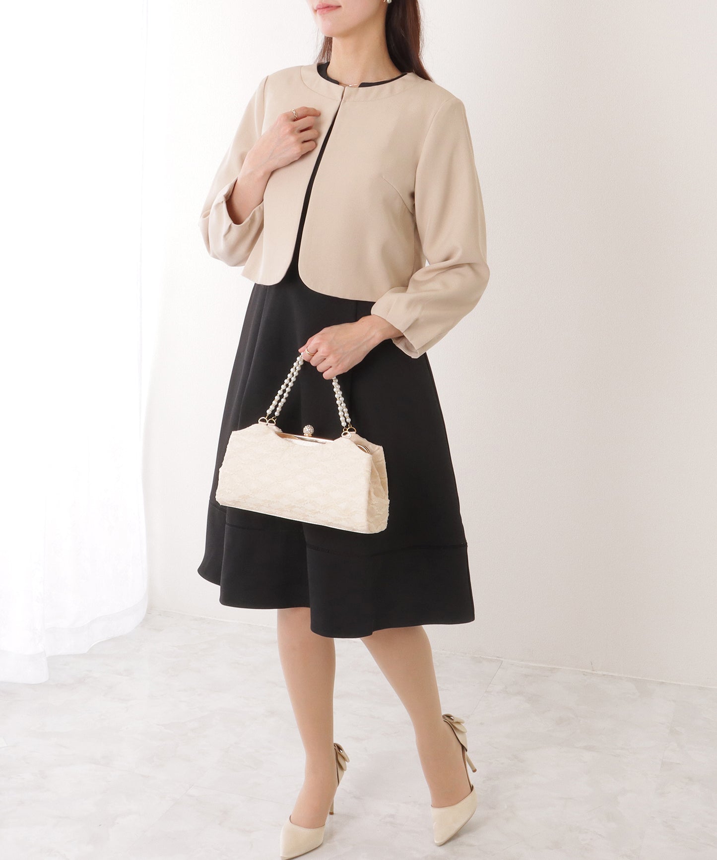 ノーカラー ジャケット付き キーネック Aライン ワンピース