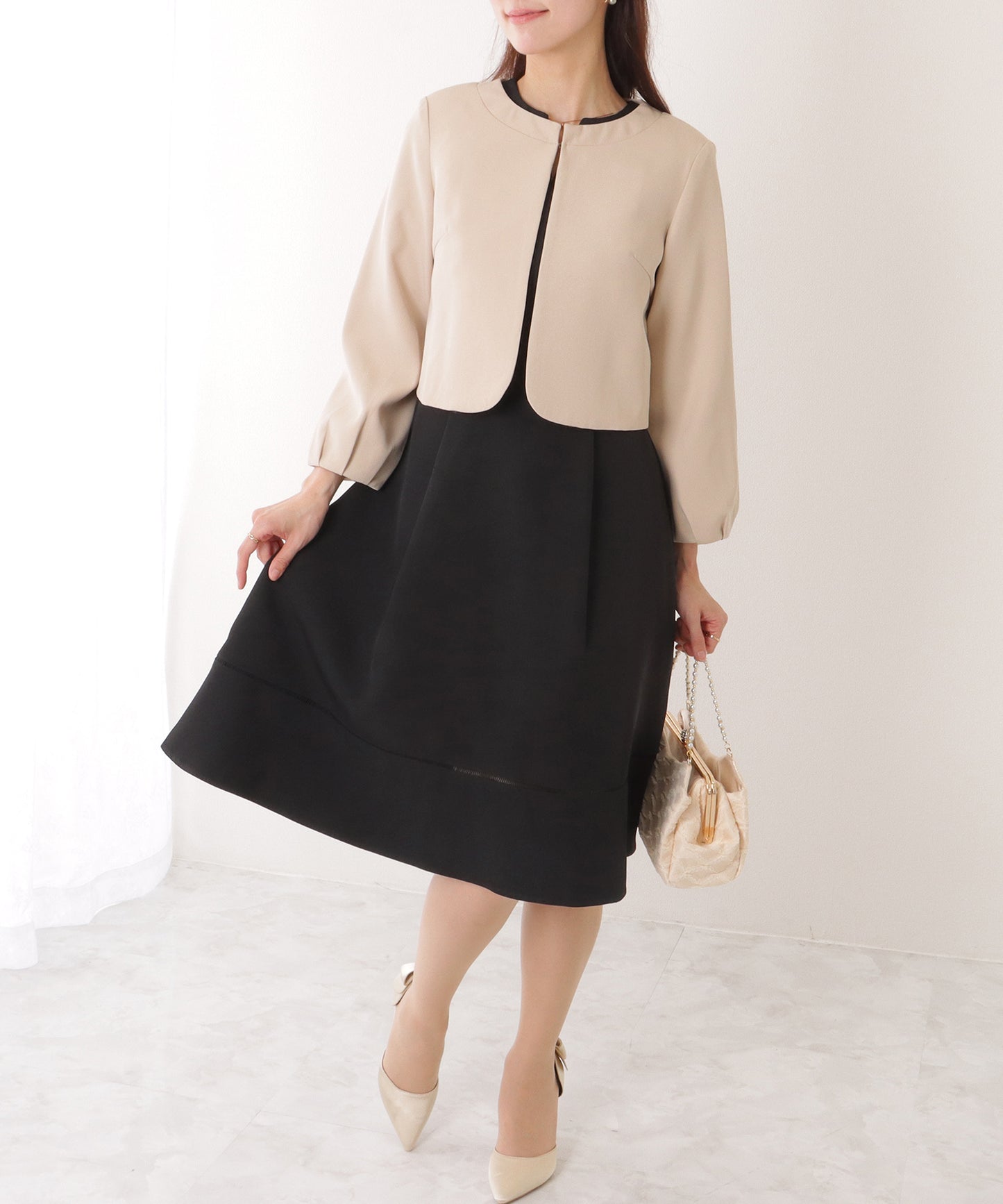 ノーカラー ジャケット付き キーネック Aライン ワンピース