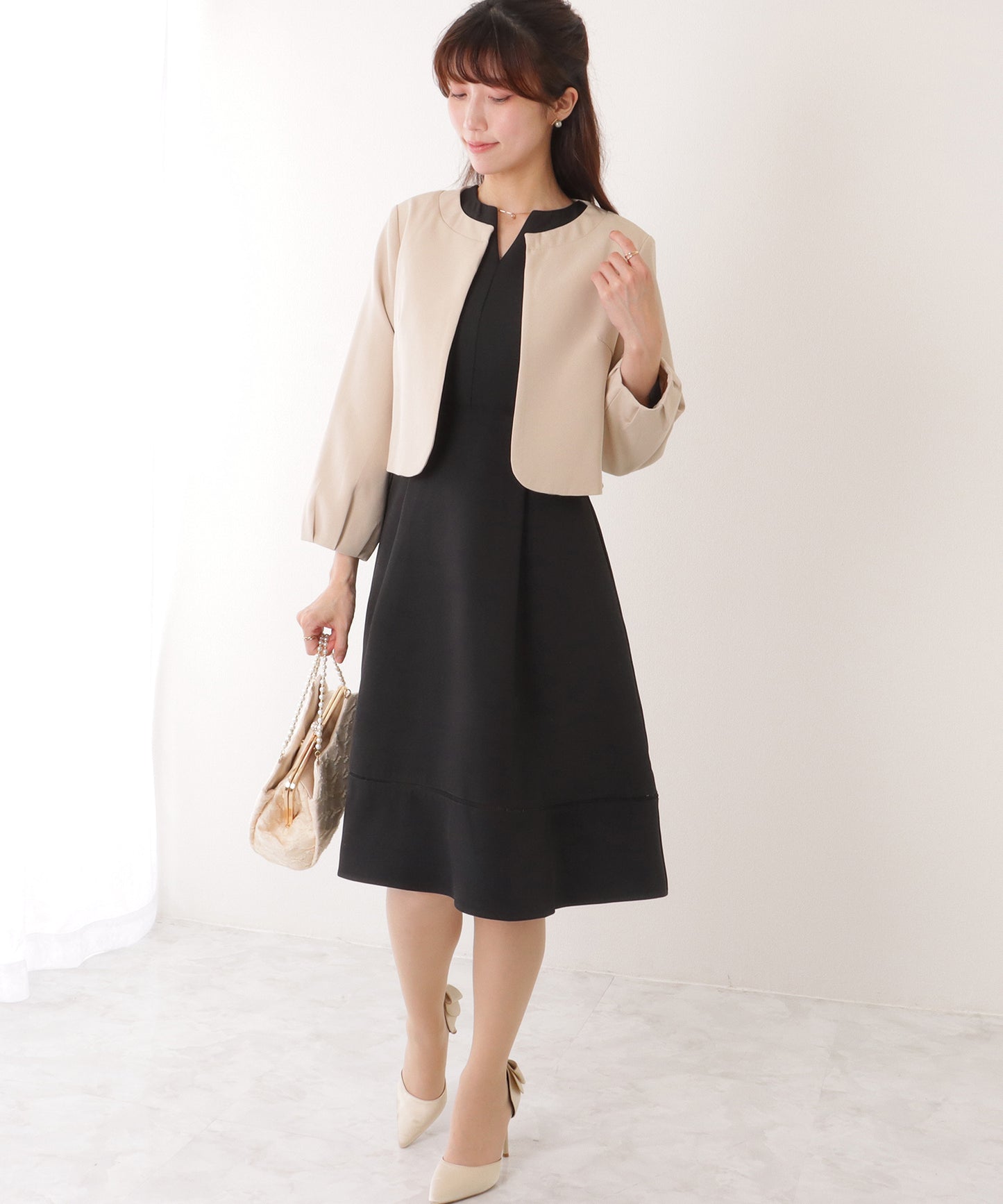 ノーカラー ジャケット付き キーネック Aライン ワンピース