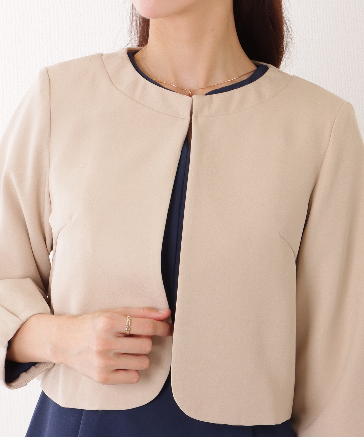 ノーカラー ジャケット付き キーネック Aライン ワンピース