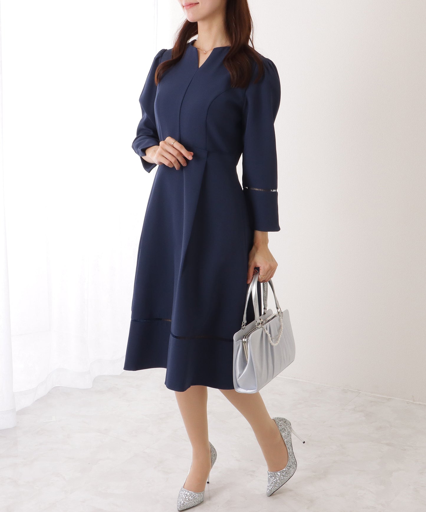 ノーカラー ジャケット付き キーネック Aライン ワンピース