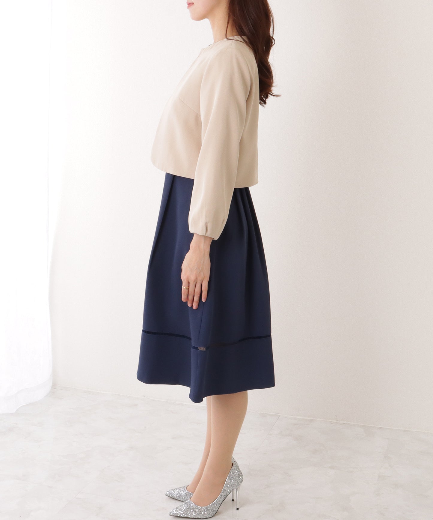 ノーカラー ジャケット付き キーネック Aライン ワンピース