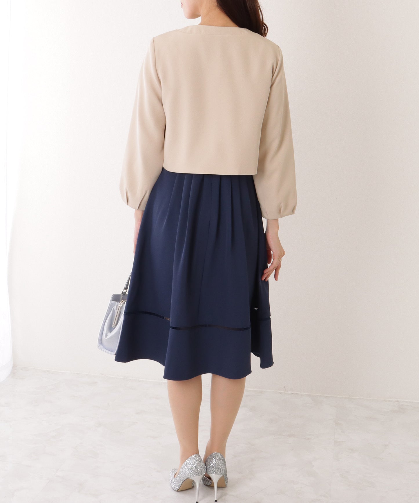 ノーカラー ジャケット付き キーネック Aライン ワンピース