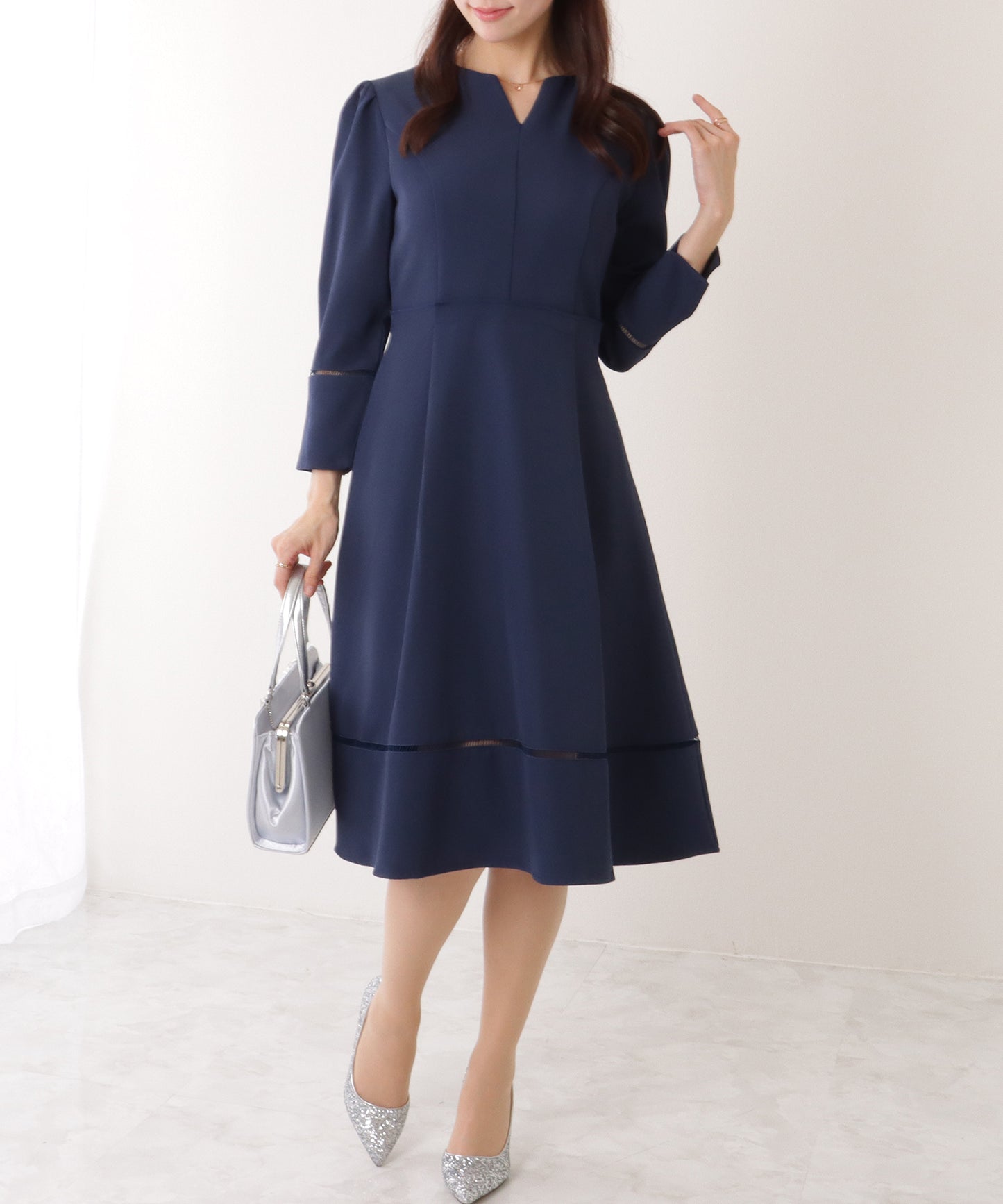 ノーカラー ジャケット付き キーネック Aライン ワンピース