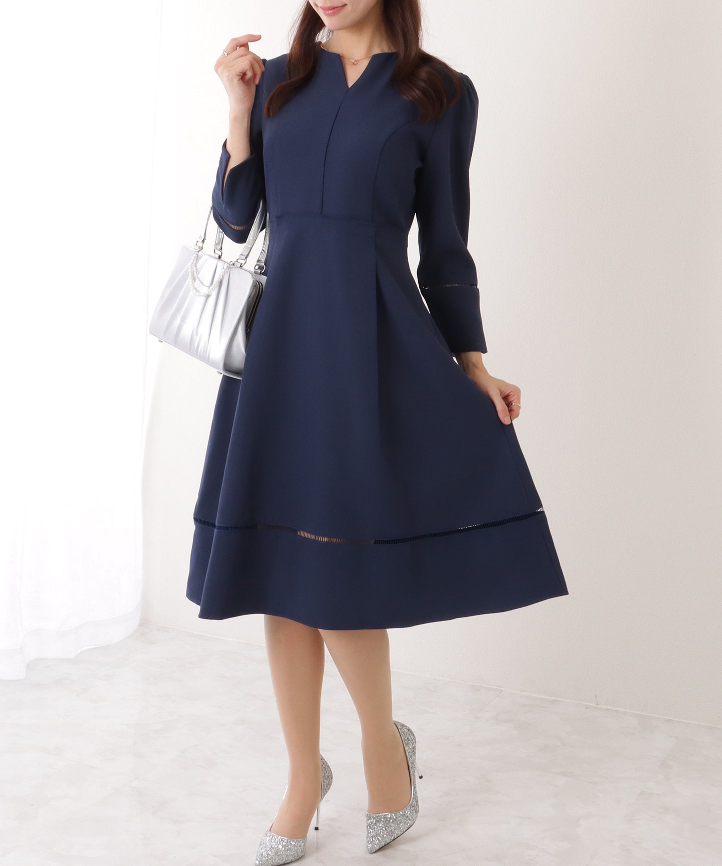 ノーカラー ジャケット付き キーネック Aライン ワンピース