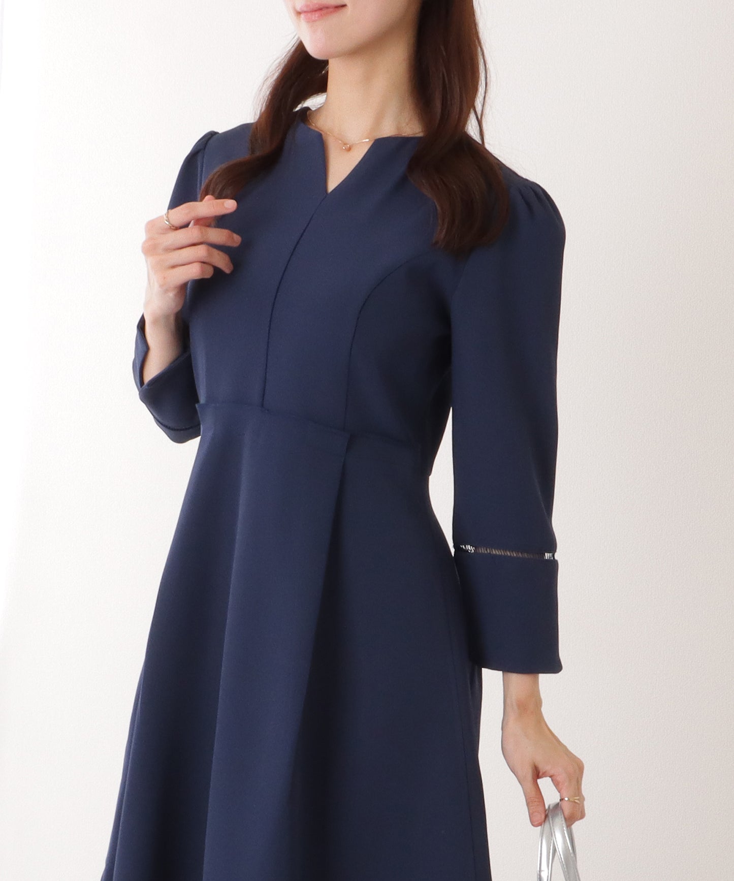 ノーカラー ジャケット付き キーネック Aライン ワンピース